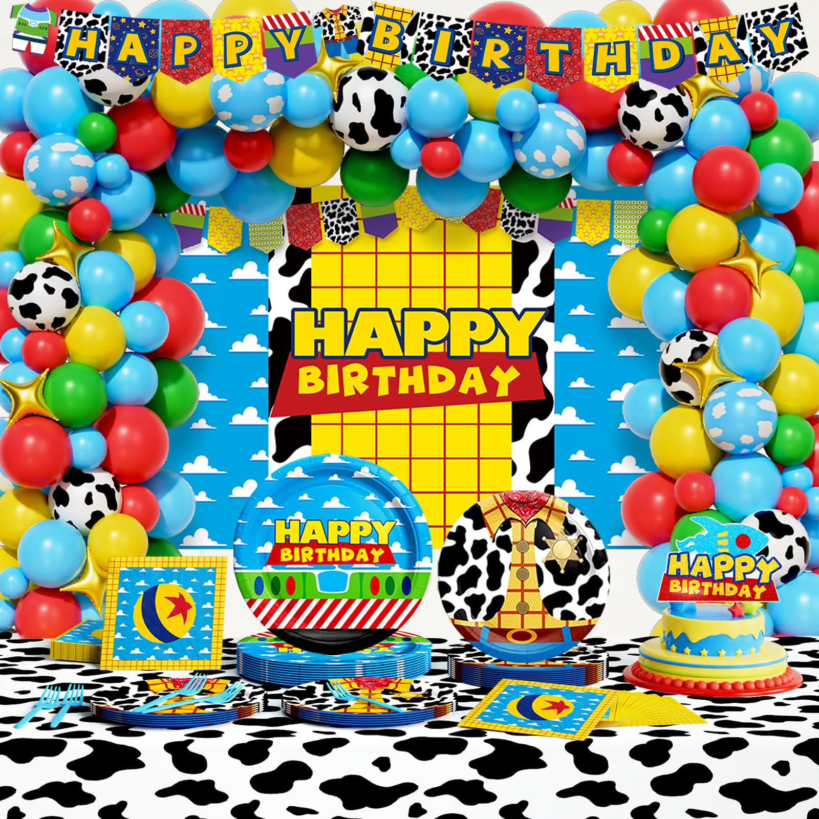 Party Inspo Cartoon Toy Birthday Decorations, 258 PCs Toy Inspired Story Themed Party Supplies for Boy with Blue Backdrop, Balloon Garland, Cake