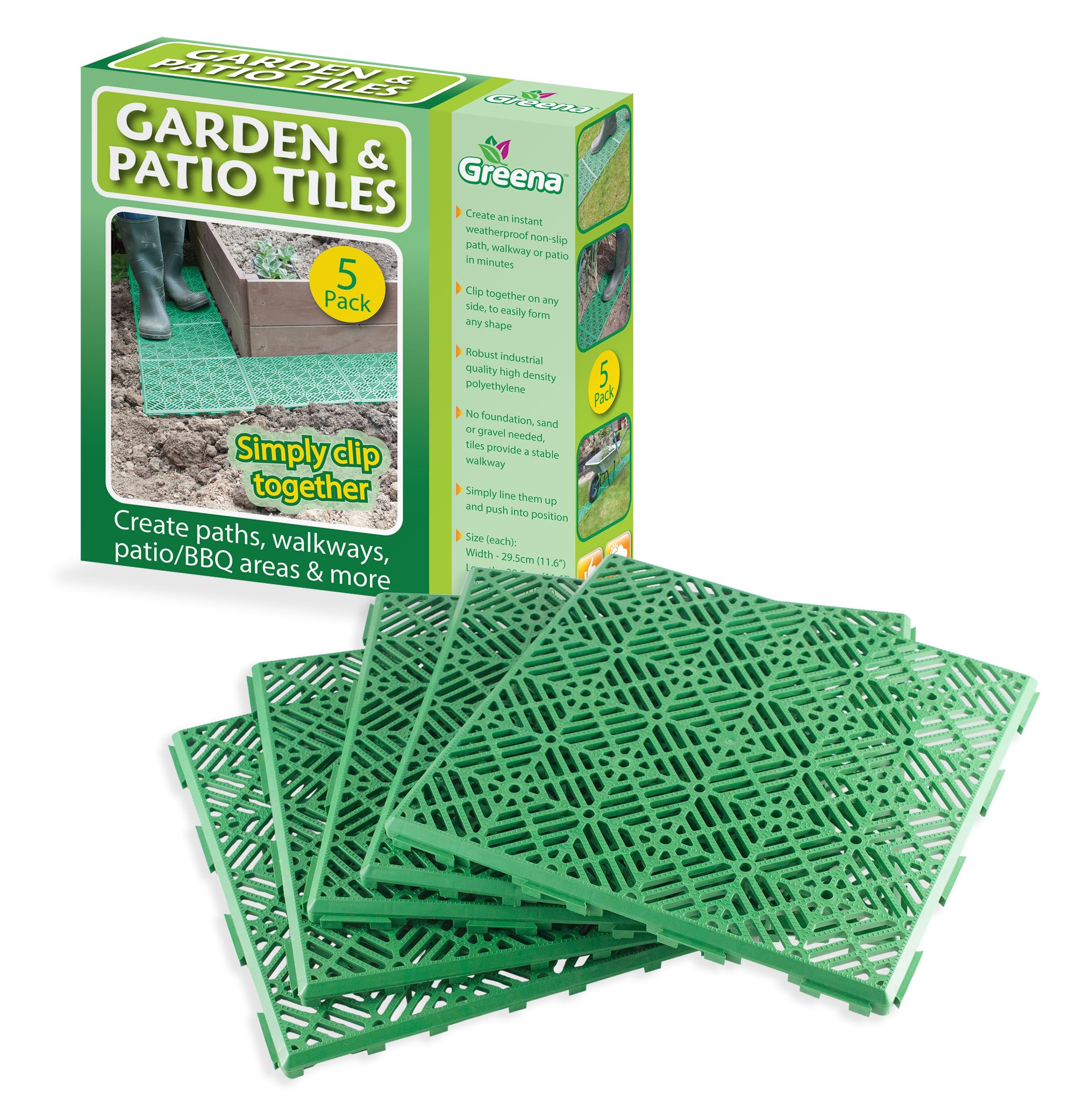 Greena Garden Tiles Creates a Non-Slip Weatherproof Path That Stops Lawn Damage Easy To Install And Hard Wearing, Use As A Lawn Path,On Patio's And Decking 5 Pack 30cm x 30cm (4500 sq cm)