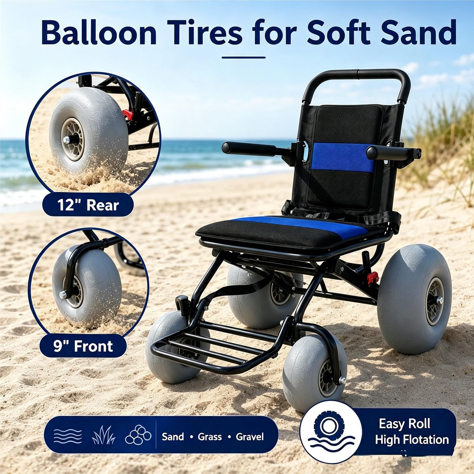 Silla Playa Plegable Ligera Con Ruedas, Andador De Playa Todoterreno, | Impermeable, Para Acceso A Playa, Césped, Grava Y Agua, Transporte De Viaje Para Personas Mayores