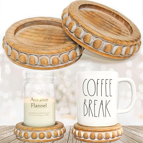 Vista 18 de Felt Creative Home Goods Juego de 2 elevadores redondos de madera rústica con cuentas – Soportes de pedestal de decoración apilables resistentes