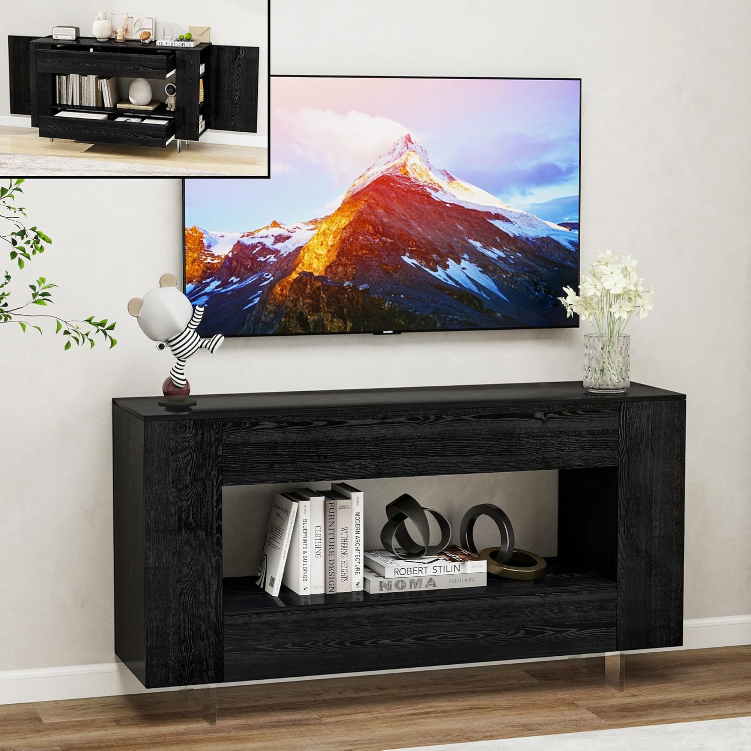 TV Stand for 55 Inch with 2 Large Drawers & Hidden Storage Cabinets, Modern Farmhouse Entertainment Center Television Stands for Living Room Bedroom, Black Wood Grain