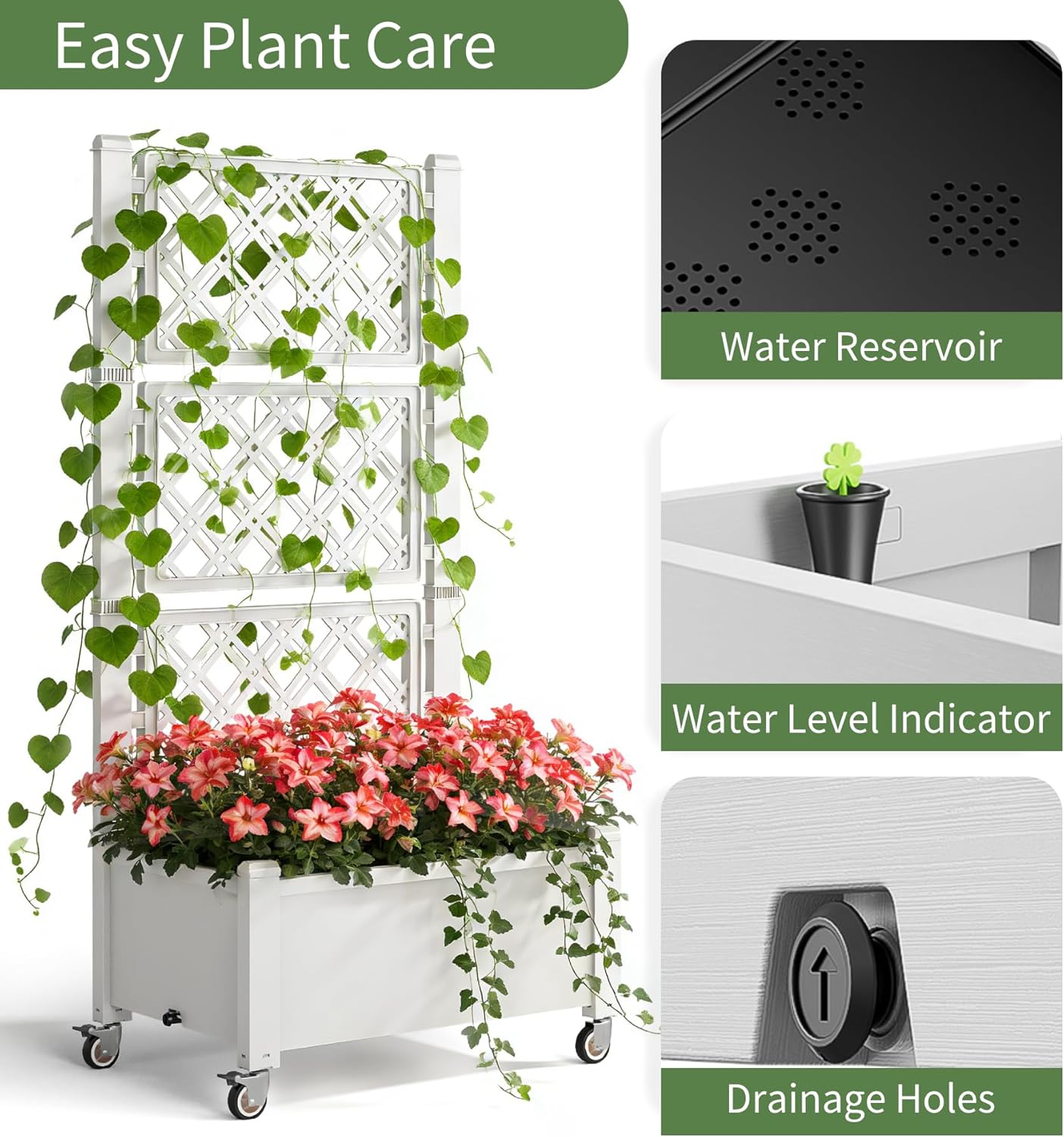 Miory 60" Raised Garden Bed with Trellis & Wheels, Vertical Gardening Planter Box with Water Level Indicator and Drainage System for Garden Outdoor Patio Balcony