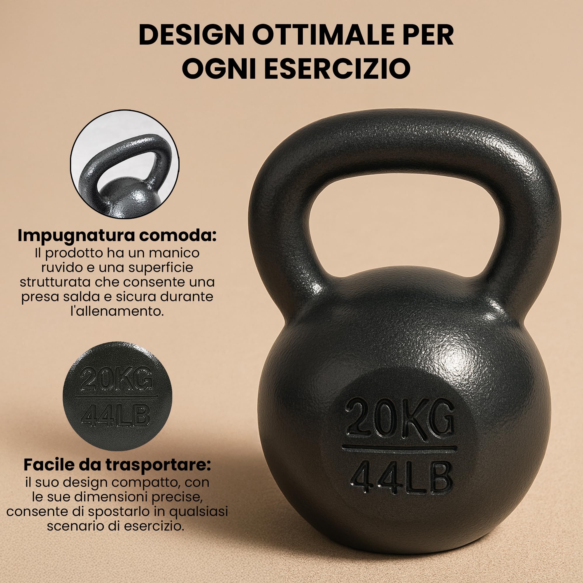unycos - Kettlebell 20 kg in Ghisa con Rivestimento Resistente, Peso con Impugnatura Ergonomica Antiscivolo, Compatto e Facile da Trasportare per Palestra, Fitness, Bodybuilding, Muscoli (Nero)