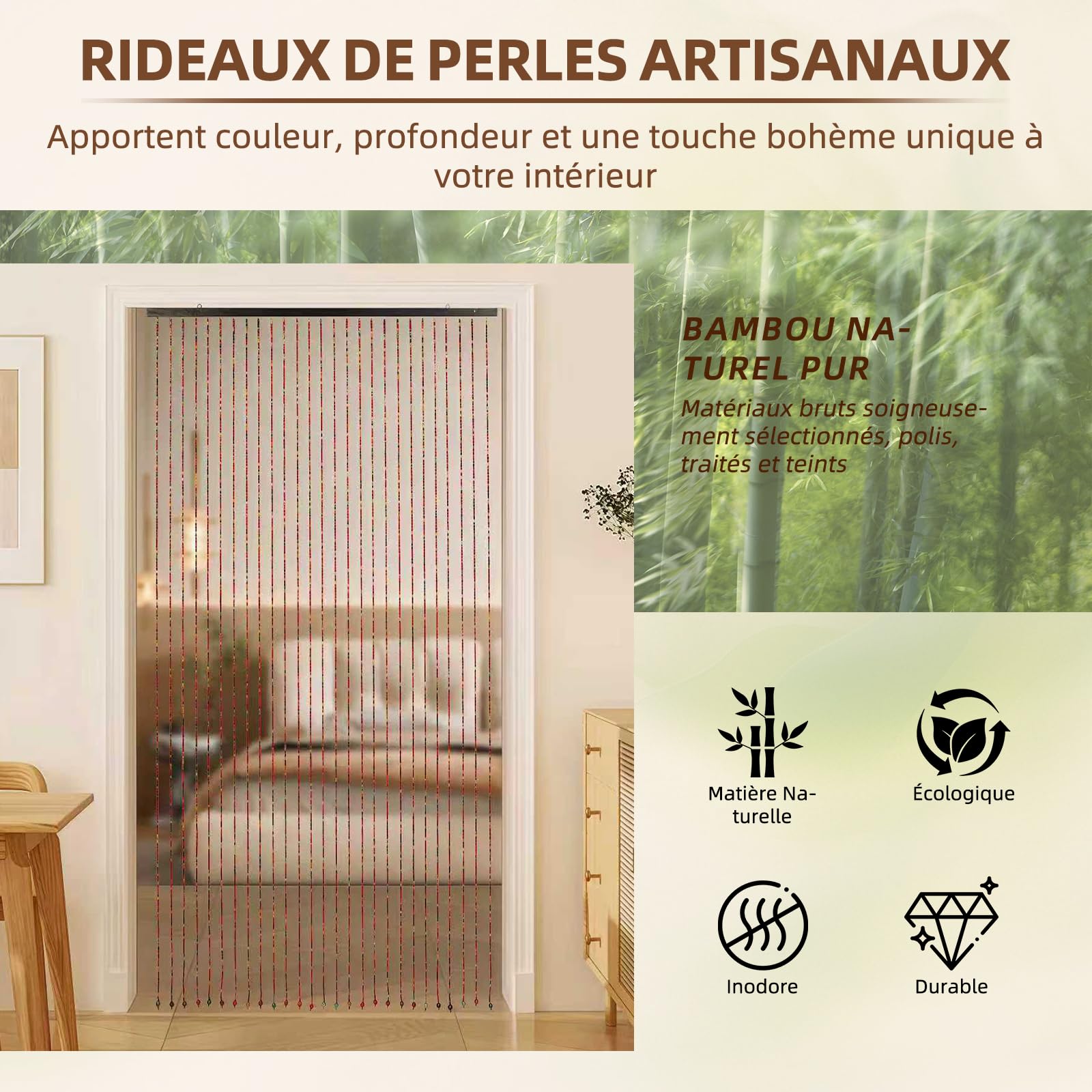 Rideau fait main pour portes de balcon et fenêtres - 52 fils de perles en bois - Style bohème - Couleur arc-en-ciel - Convient pour fenêtres, chambres, couloirs ou cloisons - 90 x 190 cm