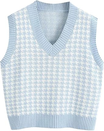 Oversized Sweater Vest Women Casual V Neck Houndstooth Knit Sweaters 2025 Fall Aesthetic Checkered Work Vests