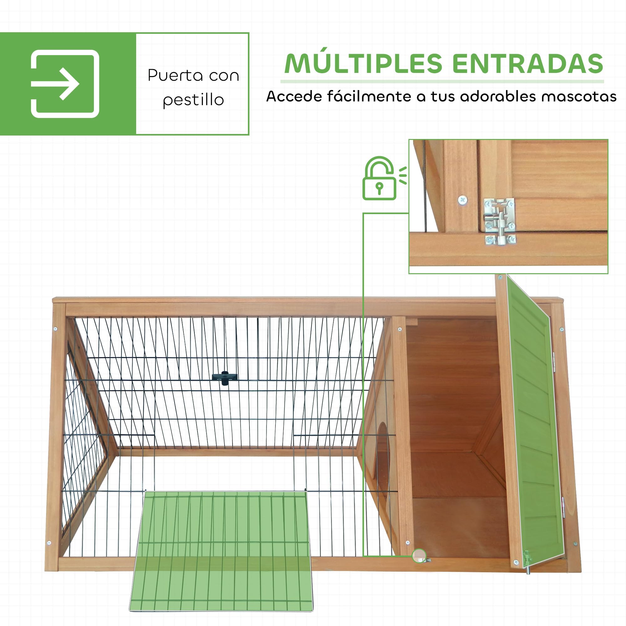 PawHut Conejera de Madera 116x62,2x52,5 cm, Jaula para Conejos Triangular con Rejilla Metálica y Puertas, Madera Natural