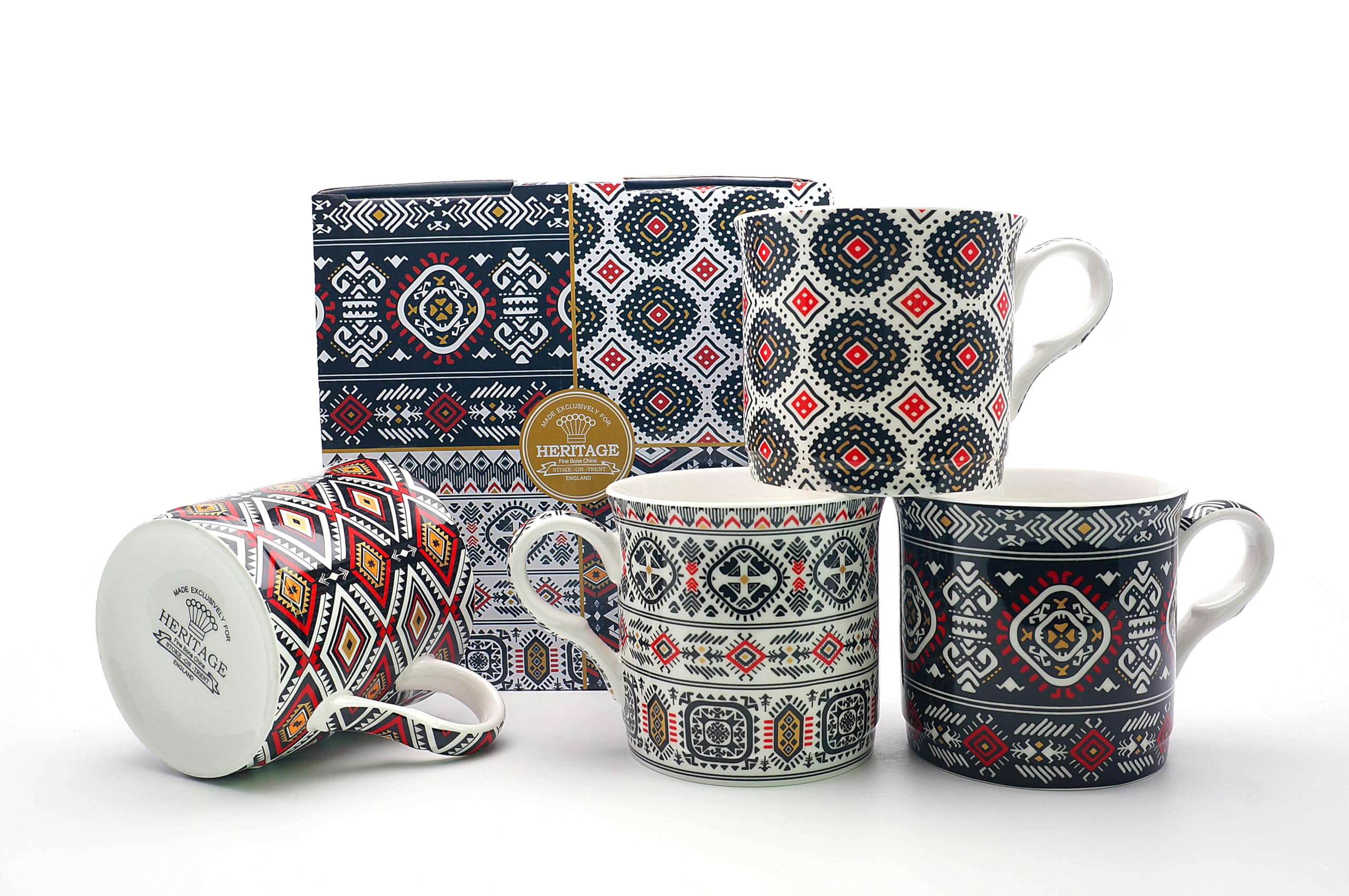 heritage FINE Bone China Set of 4 Mugs Gift Boxed Inca Design Mugs Free UK DELIVERY