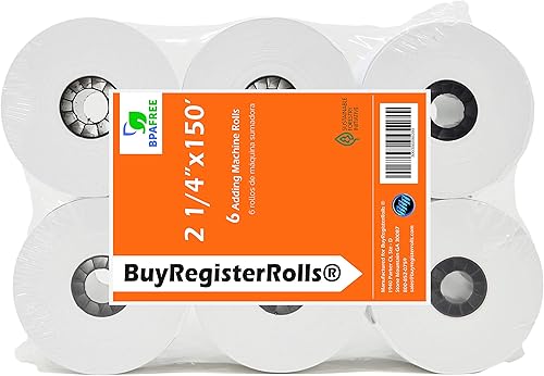 (6 rollos) 2 1/4 x 150 pies, blanco, añadiendo rollos de papel de cinta de máquina, caja registradora premium de una capa/máquina
