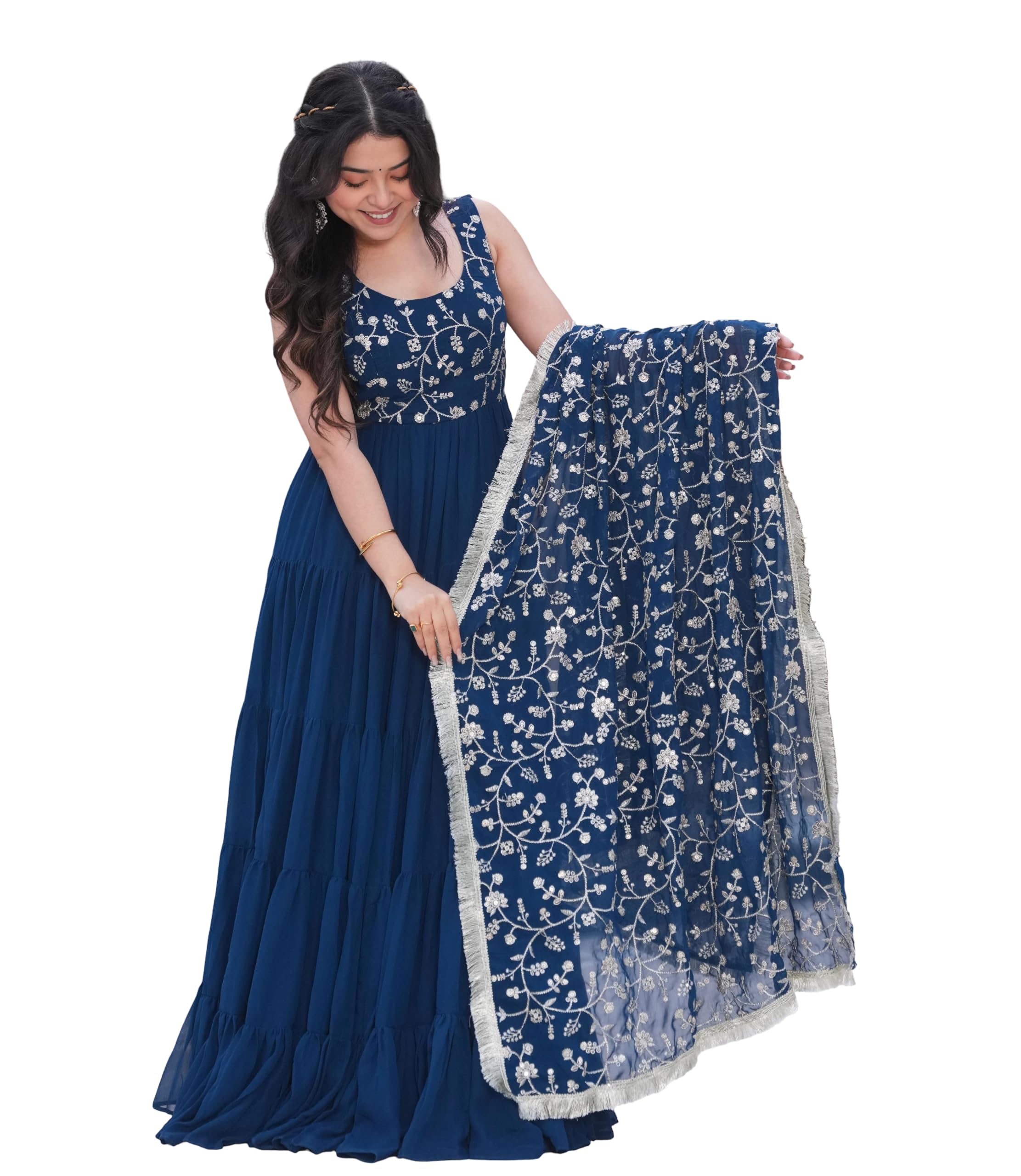 foxdx Women's Solid Embroidery Work Gown with Dupatta Sleeveless and Round Neck Most Beautiful Havy Gown for Party | Wedding | Diwali |Any Occasion-picture-28