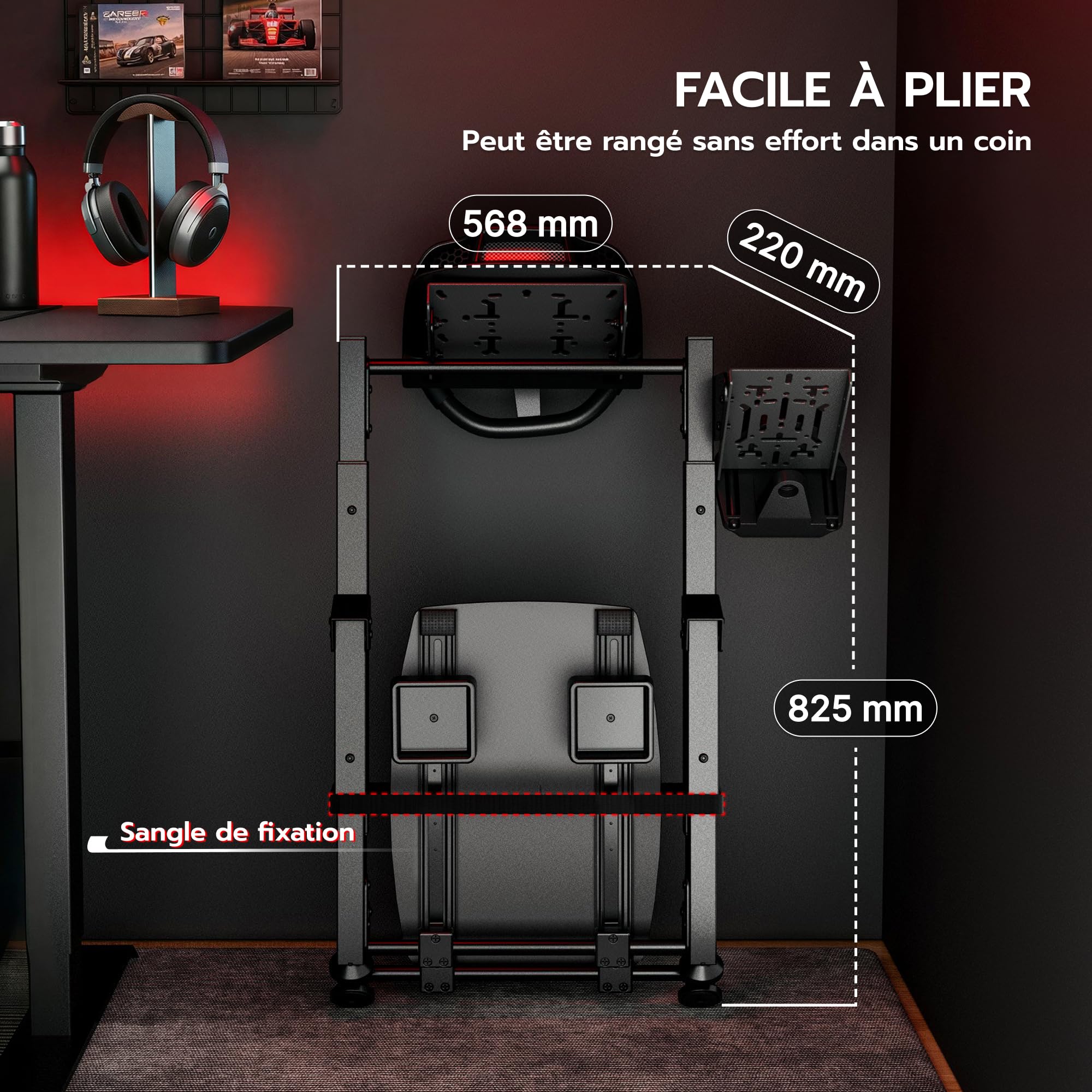 ARES WING Soporte plegable para volante Sim Racing con ranura para asiento | COMPATIBILIDAD AMPLIA: Compatible con Logitech G29, G920, G923, Fanatec, Thrustmaster, Moza y Simagic