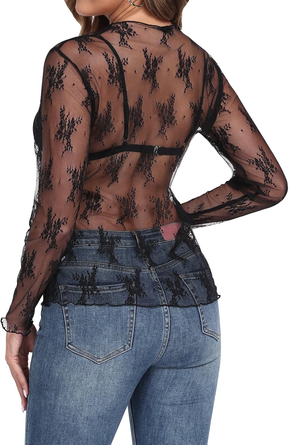 AYIFU Womens Lace Mesh Top Sheer Long Sleeve See Through Floral Mock Neck Blouse Tops - Image 4