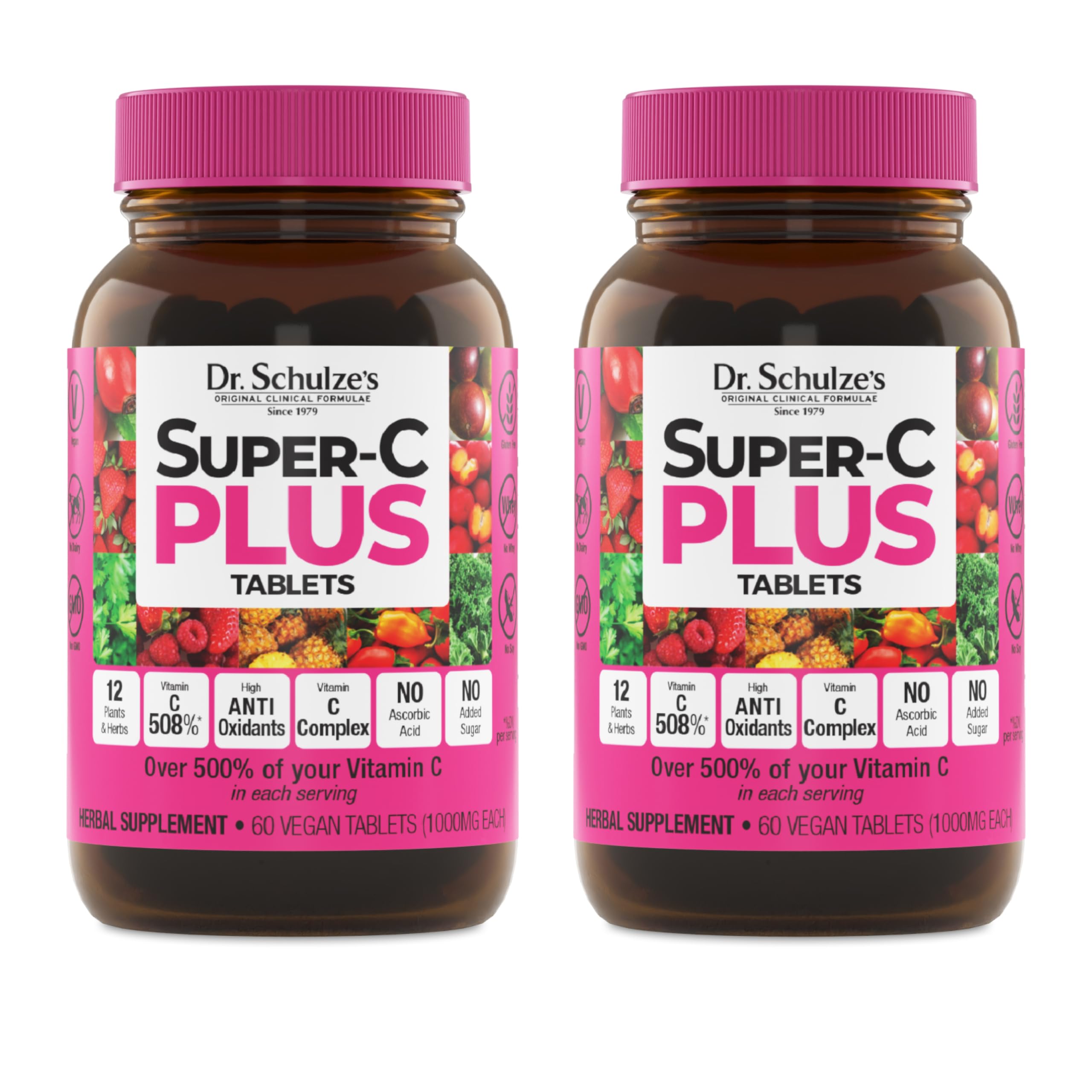 Dr. Schulze's Super-C Plus - Vitamin C Supplement for Immune Support - Skin Health & Antioxidant Support - High-Potency Formula - Plant-Based Superfood - Gluten-Free & Vegan, 60 Ct (20 Serving) 2-Pack Mixed Berry 60 Count (Pack of 2)