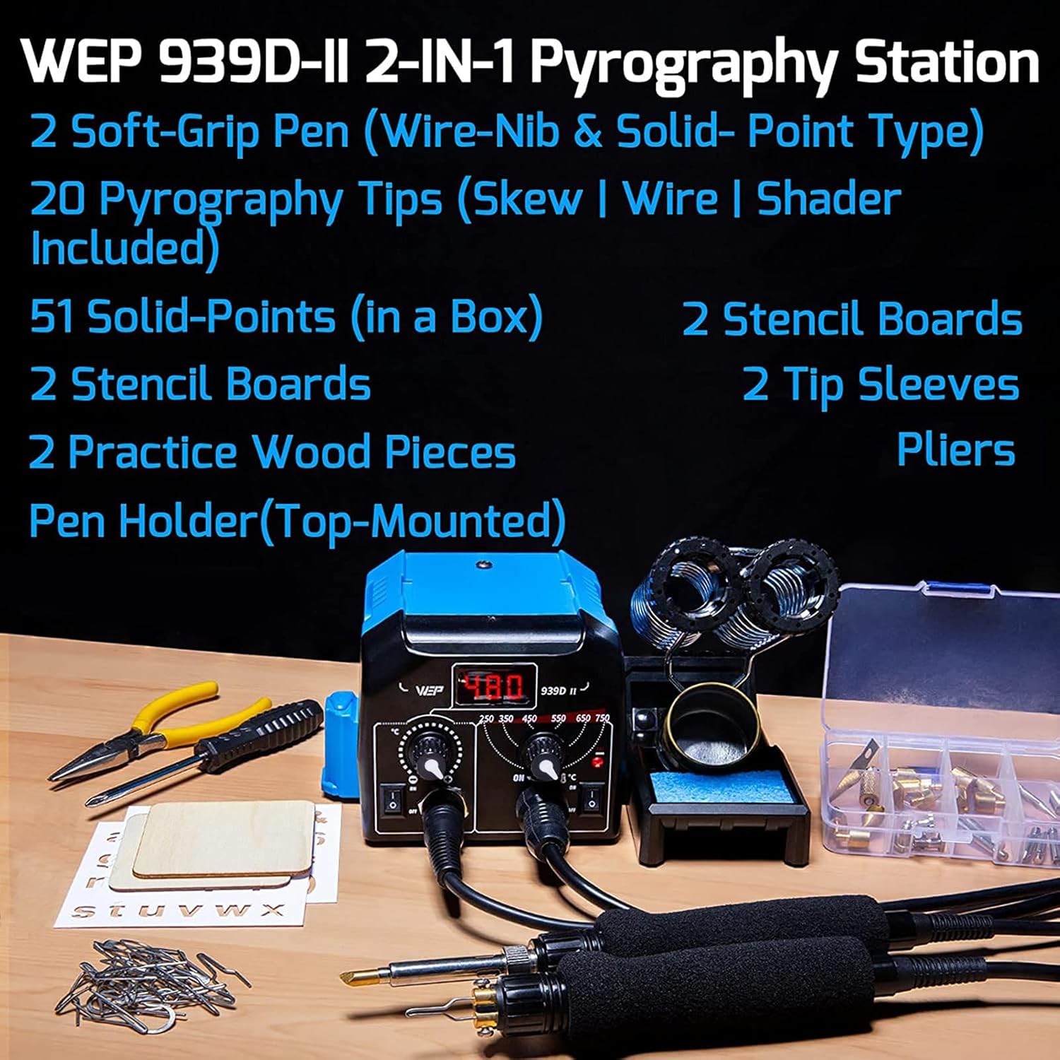 List of included components for WEP 939D-II Pyrography Station