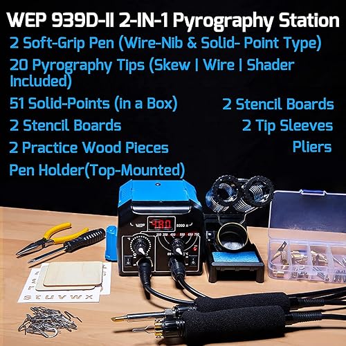 Miniatura 2 de WEP 939D-II - Kit de quema de madera 2 en 1 86 en 1 con 51 puntos sólidos y 20 puntas de alambre, quemador de madera con 2 plantillas de números de