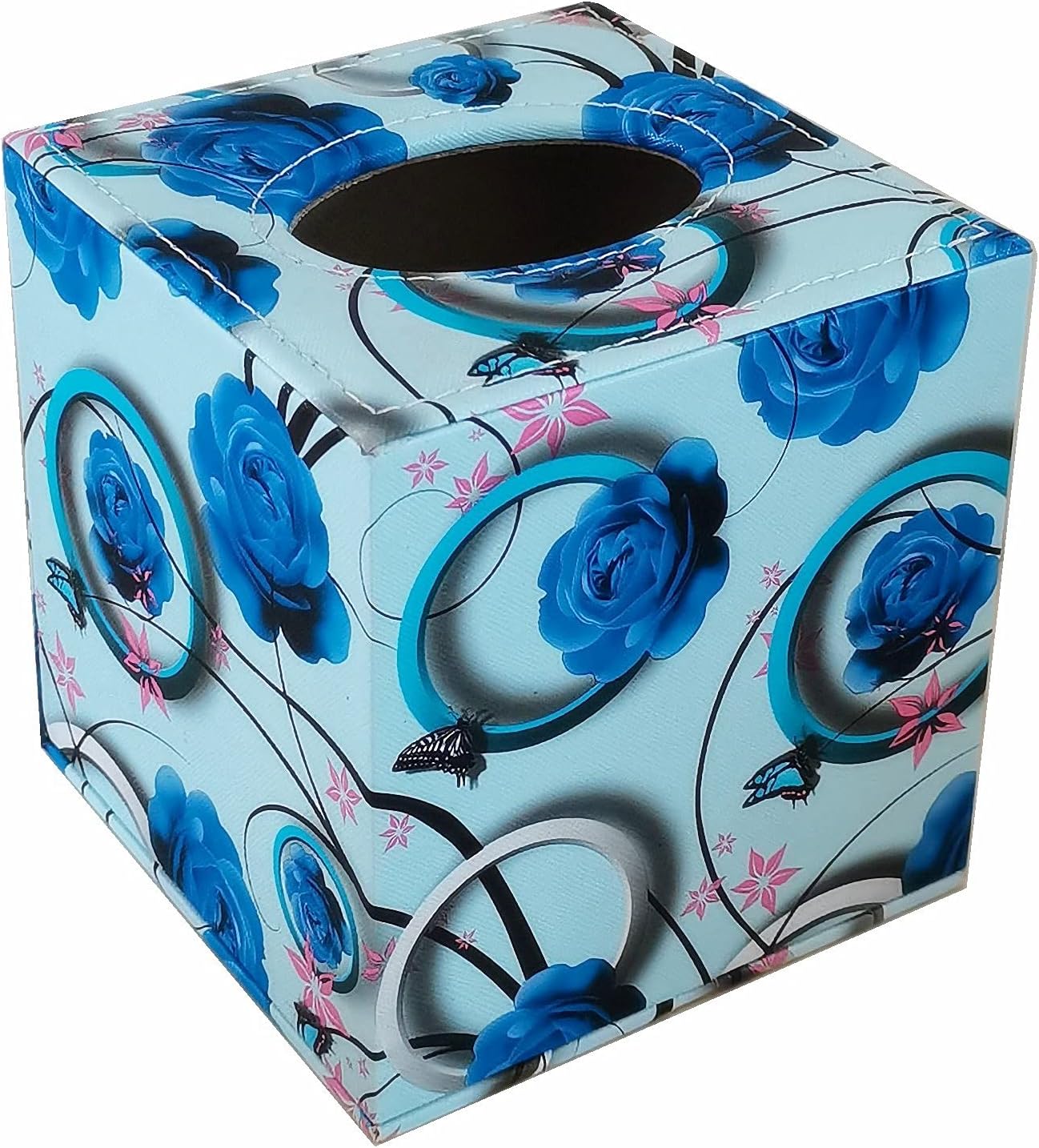 S Forever Home Decor Cube Tissue Box Holders PU Leather Square Tissue Box Cover (Blue Rose, 5.32" L x 5.32" W x 5.51" H)