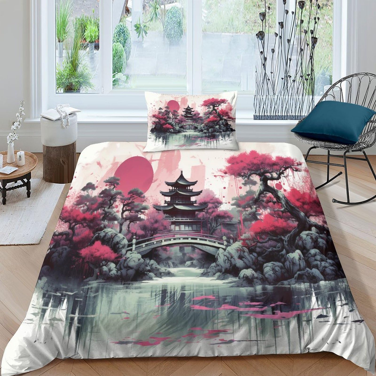 Crjus Style-17 Pagoda 3D Three-Dimensional Digital Print Duvet Cover Bedding, Japanese Style 2 Piece Set Piece Quilt Cover Piece Matching Pillowcase With Zipper Closure Soft Microfiber Single（135X200cm）