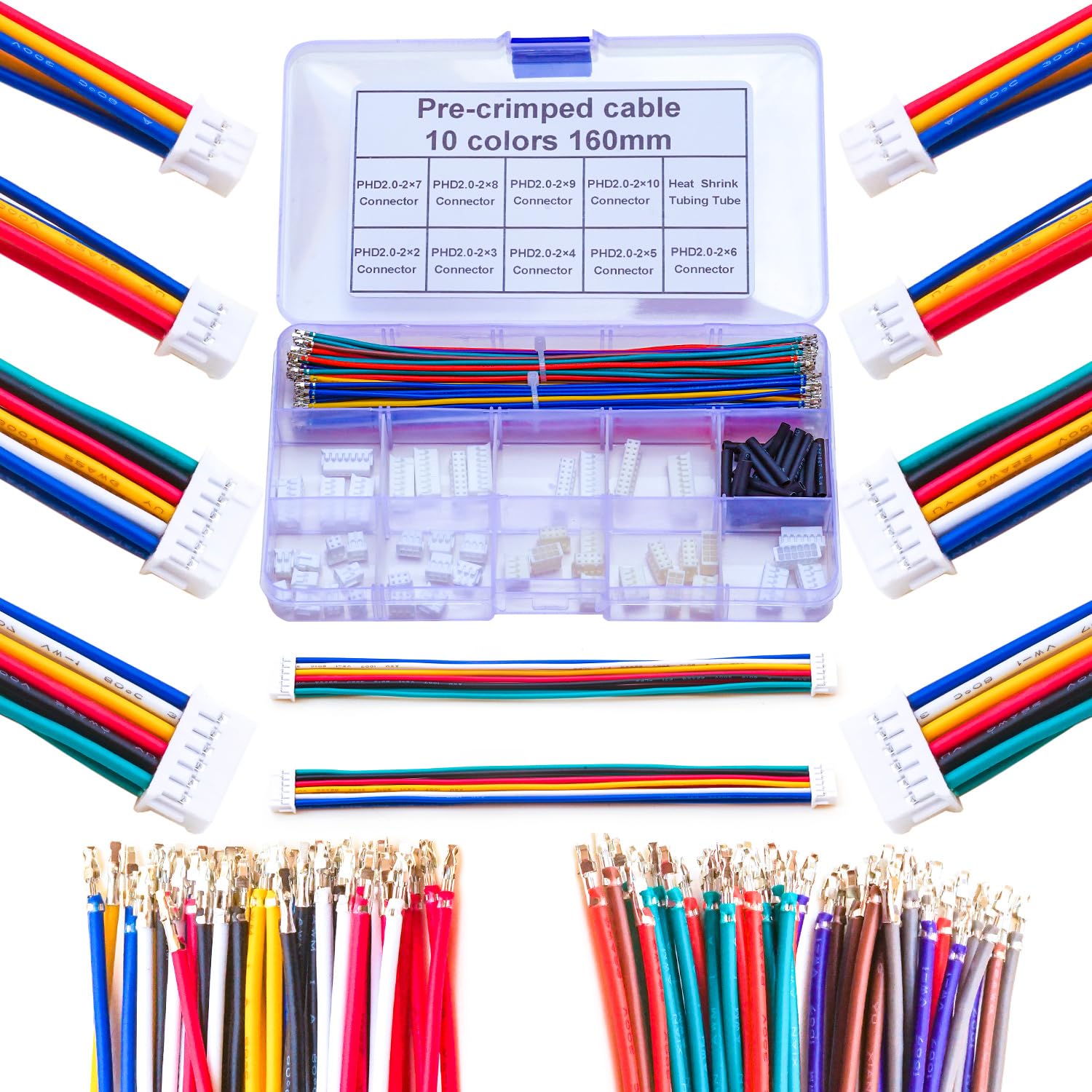 Kidisoii JST Connector Kit 2.0mm Pitch JST-PHD 2.0 Female Connector with Premium 22AWG Pre-Crimped Cables,Dual Row Without Lock PH 2.0mm 2 * 2/3/4/5/6/7/8/9/10 Pin Female Housing (PHD-MM-Kit)