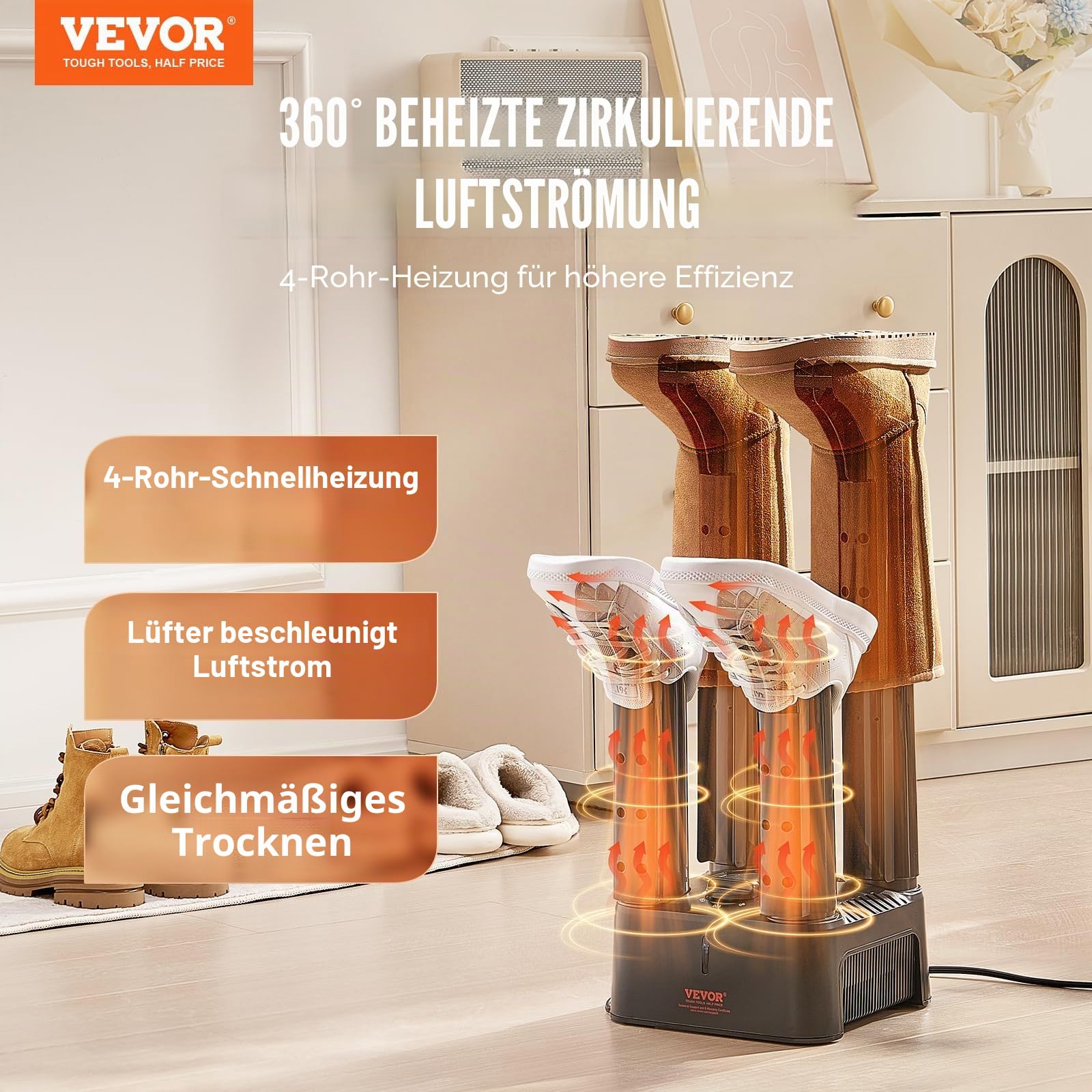 VEVOR abnehmbarer 4 Röhren Schuhtrockner mit Timer, 200 W Stiefelwärmer/-trockner mit Wärmegebläse