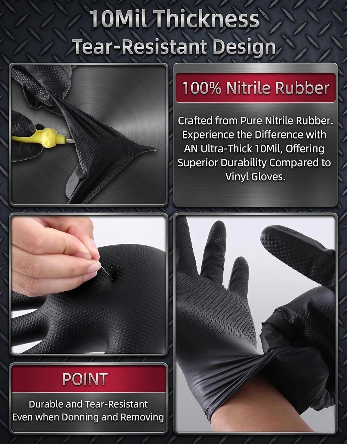 10 Mil Mechanic Gloves Heavy Duty Disposable Nitrile Gloves with Diamond Texture Powder Free Chemical&Oil Resistant