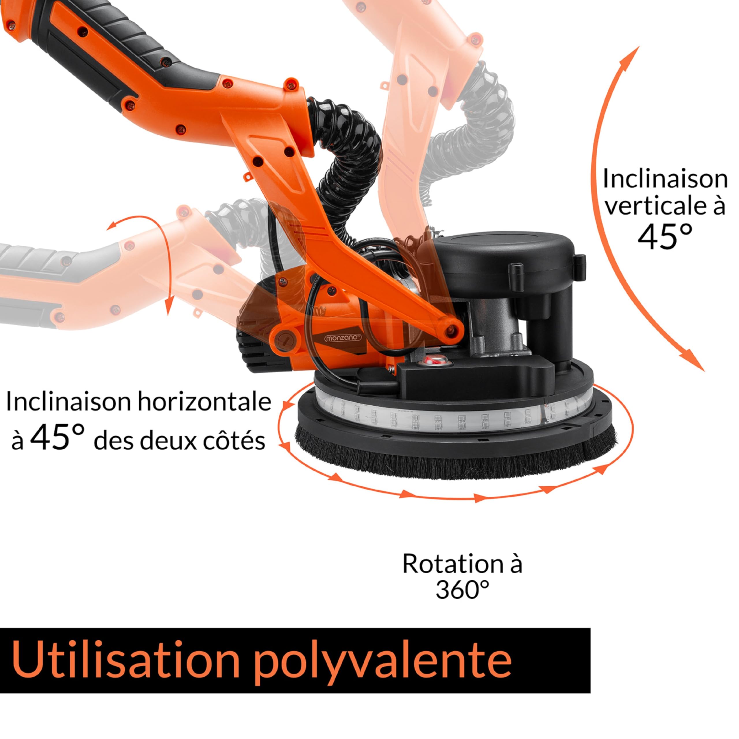 MONZANA® Ponceuse girafe avec aspirateur 750W max. 1750 tr/min 12x disques abrasifs 80 LED polisseuse meuleuse plafond mur manche télescopique