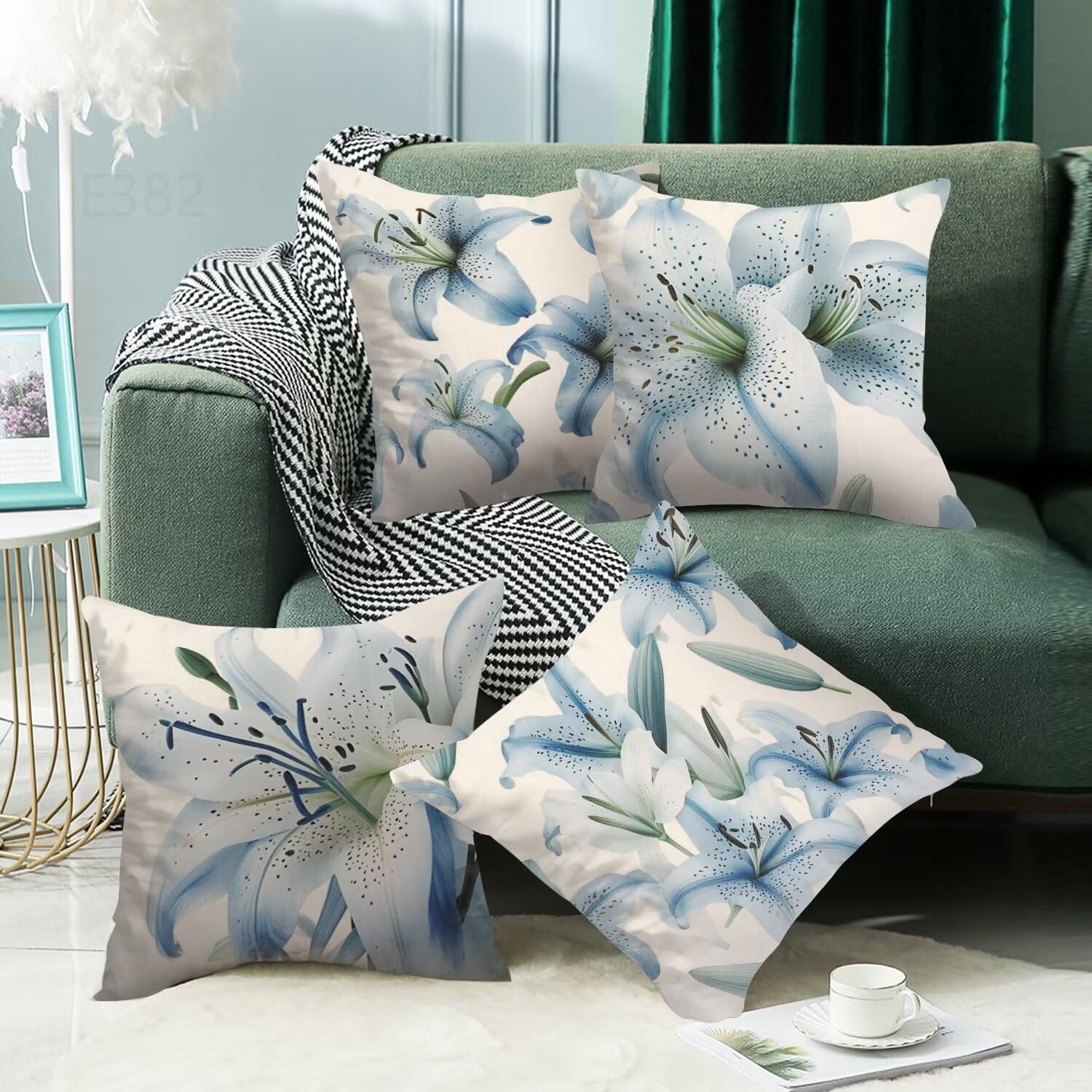 Azzurro Federe Cuscini Divano 55x55cm,4 Pack Giglio Estate Esterno Cuscini per Divano,Doppio Lato Quadrato Morbido Cuscini Divano,per Divano Soggiorno Sedia Autunno Dekoration Cuscino,Regali LY-382