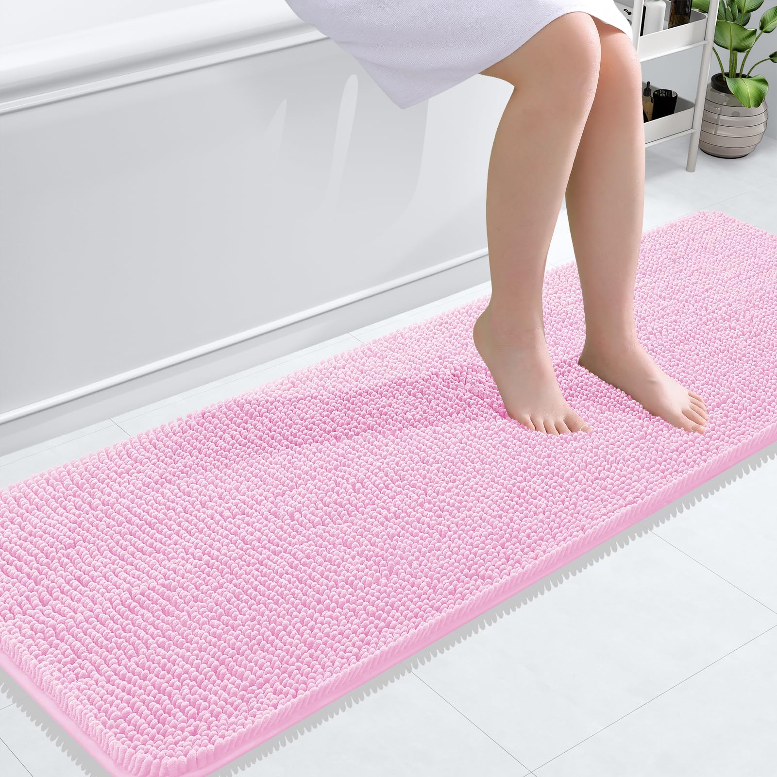 OLANLY Bathroom Runner Rugs 59x20, Extra Soft Absorbent Chenille Bath Rugs, Rubber Backing Quick Dry, Machine Washable Long Bath Mats for Bathroom Floor, Tub and Shower, Home Decor Accessories, Pink — image 1