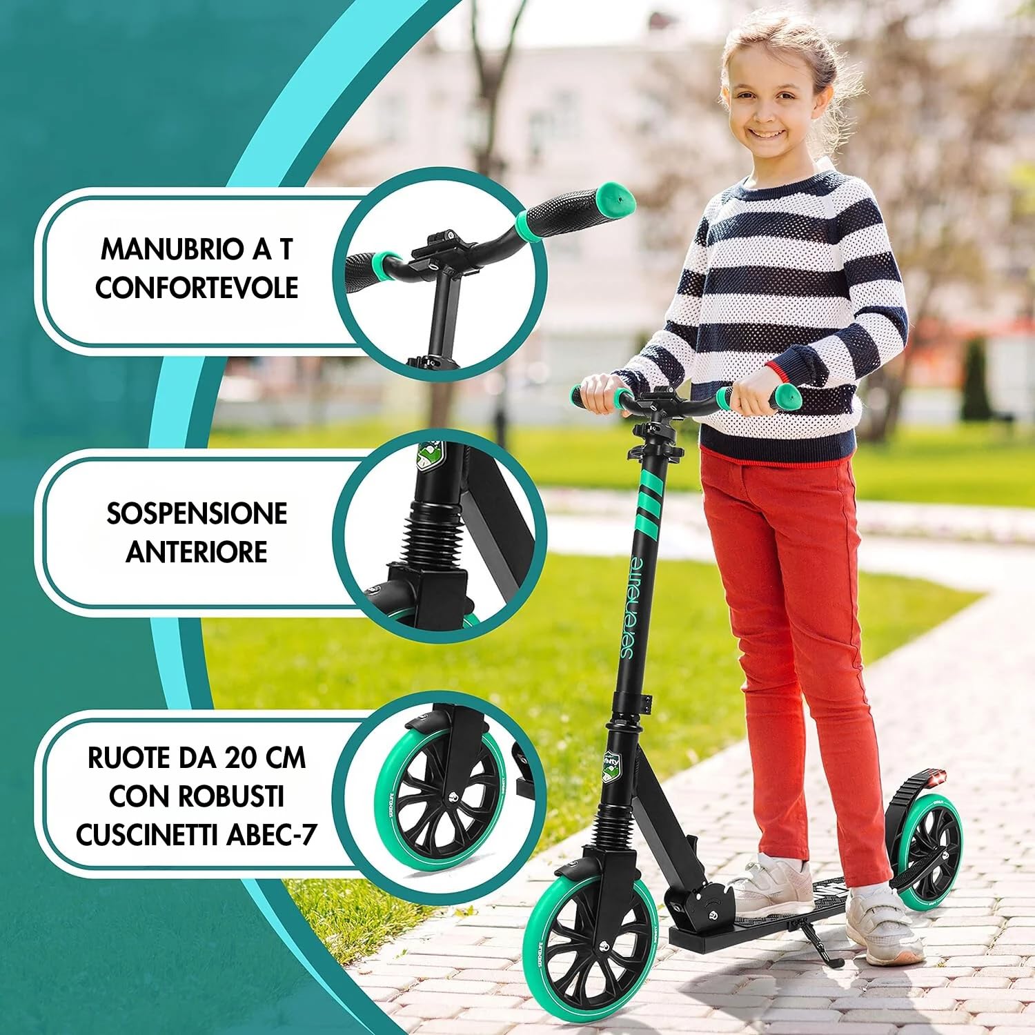 SereneLife Monopattino, Monopattino Bambini da 8 Anni, 2 Ruote con Manubrio Regolabile, Adulti e Adolescenti, Antiscivolo, Monopattino Pieghevole, Monopattino a Spinta e Portatile con Tracolla
