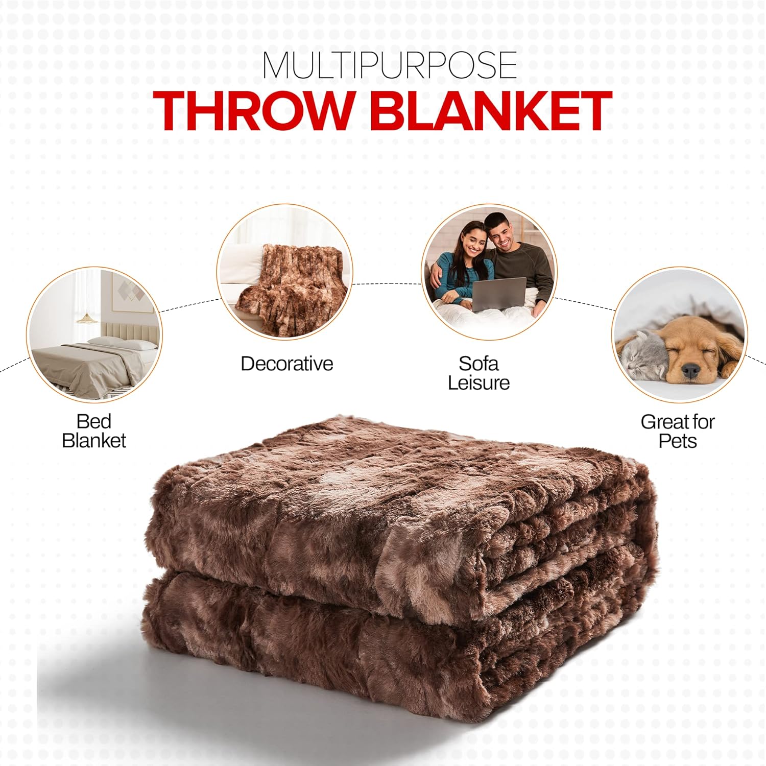 Cheer Collection Faux Fur Throw Blanket for Couch, Beds, Bedroom and Living Room - Ultra Soft and Cozy, Elegant Home Decor, Stylish Accent Blanket - 50" x 60", Brown & White