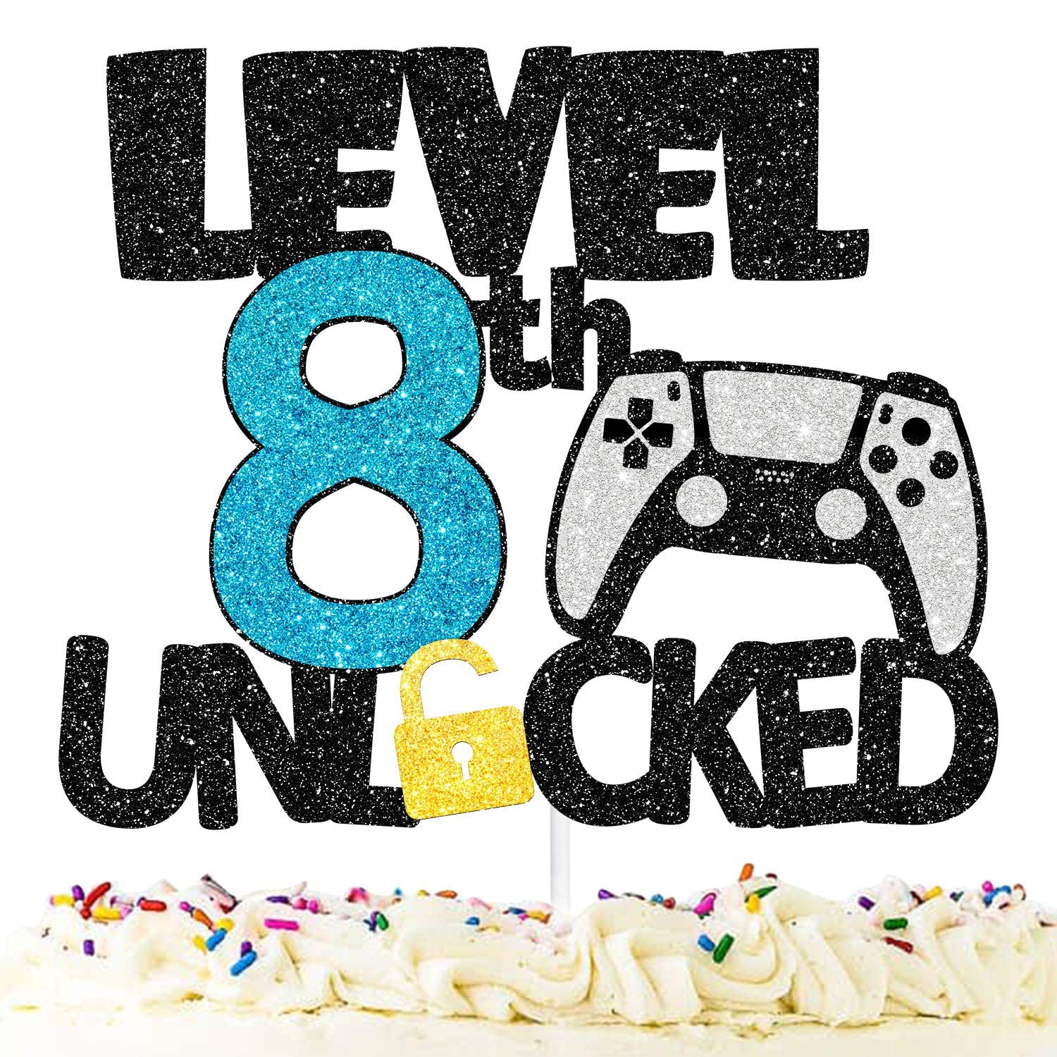Festiko®Video Game Level 8 Unlocked Birthday Cake Topper - Game Gamer Theme Party Decoration - 8th boy Birthday Party Decoration