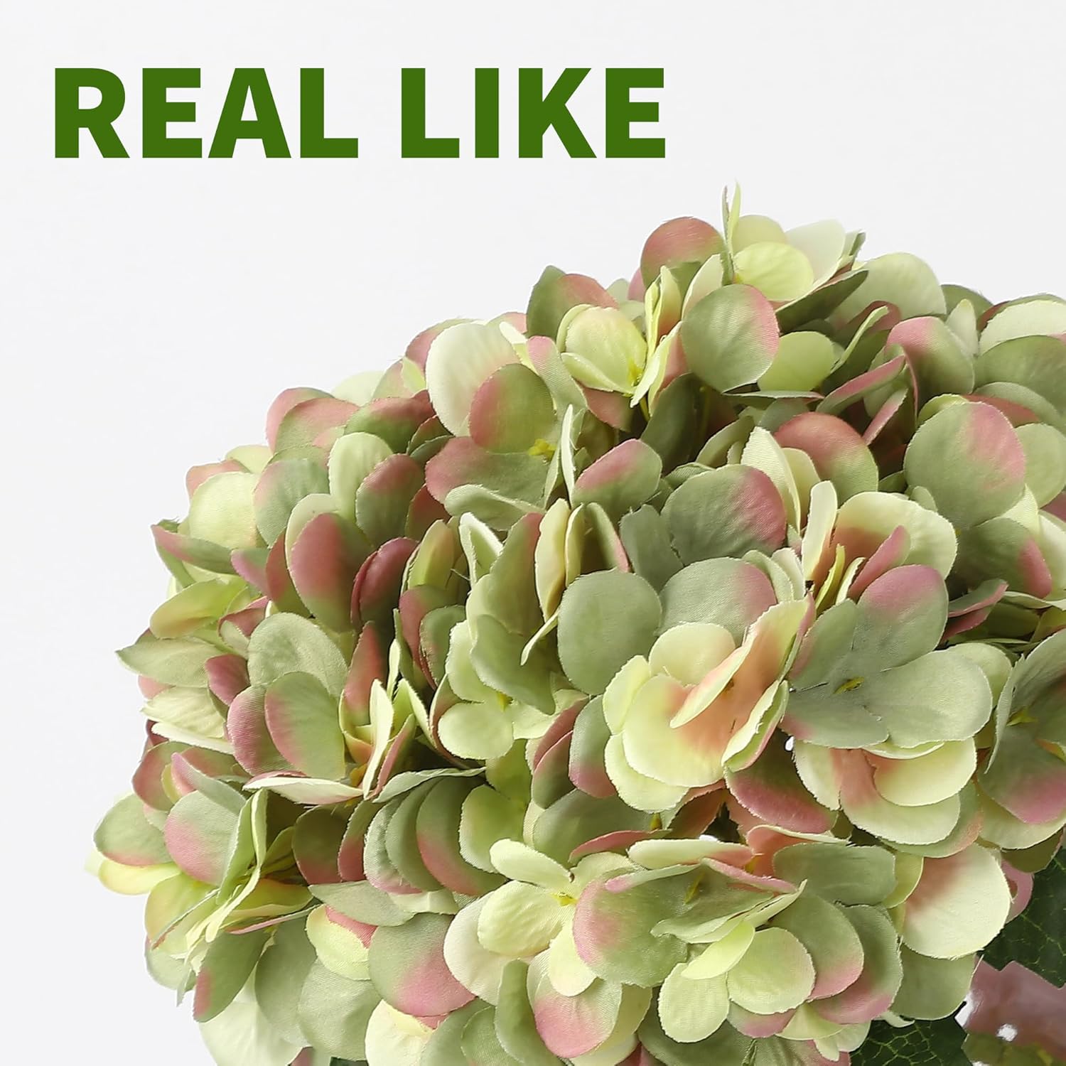 Silk Hydrangea Artificial Flowers in Vase with Faux Water, Green Fake Flower Arrangement in Glass Vase, Realistic Silk Hydrangeas Centerpiece for Wedding, Dining Table, Living Room, Home Decor - Image 5