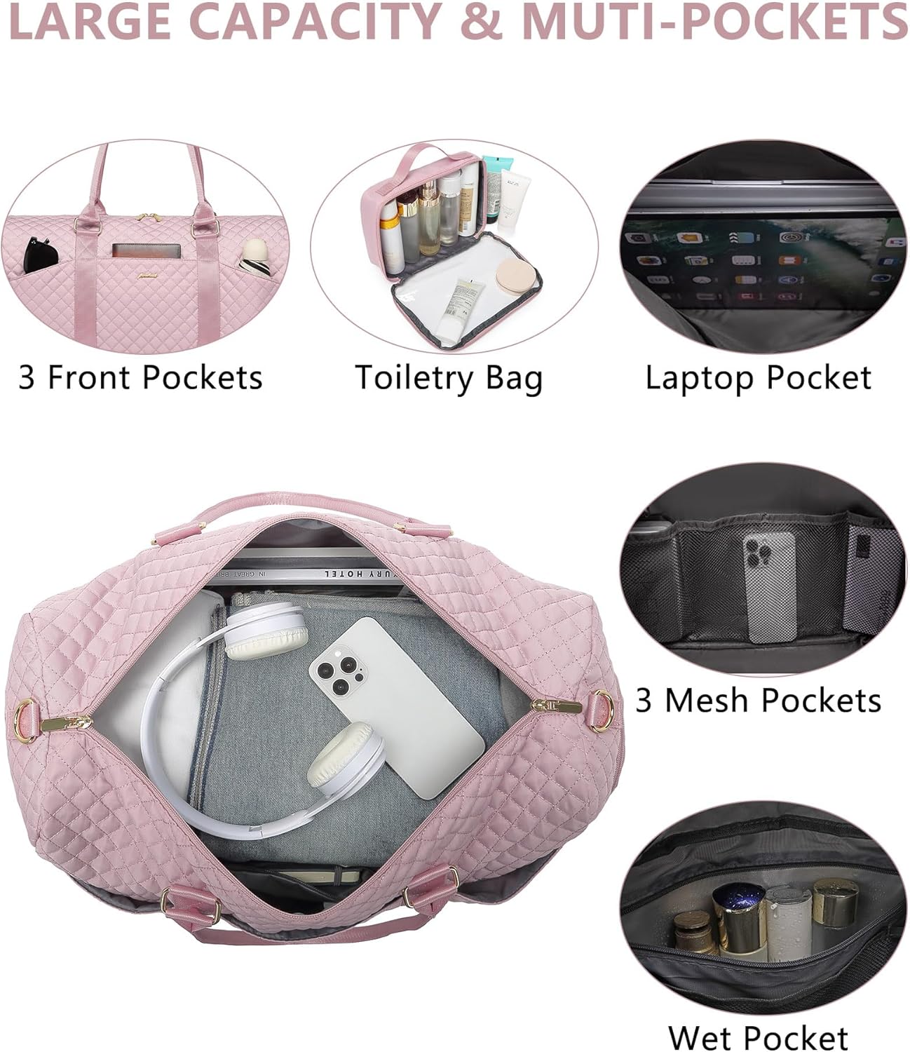 Women Weekender Travel Duffle Bag: Travel Duffel Overnight Bags with Shoe Compartment Large Carry on Tote with Toiletry Bag Weekend Traveling Yoga Gym Hospital Bag for Women with Wet Pocket Pink - Image 2