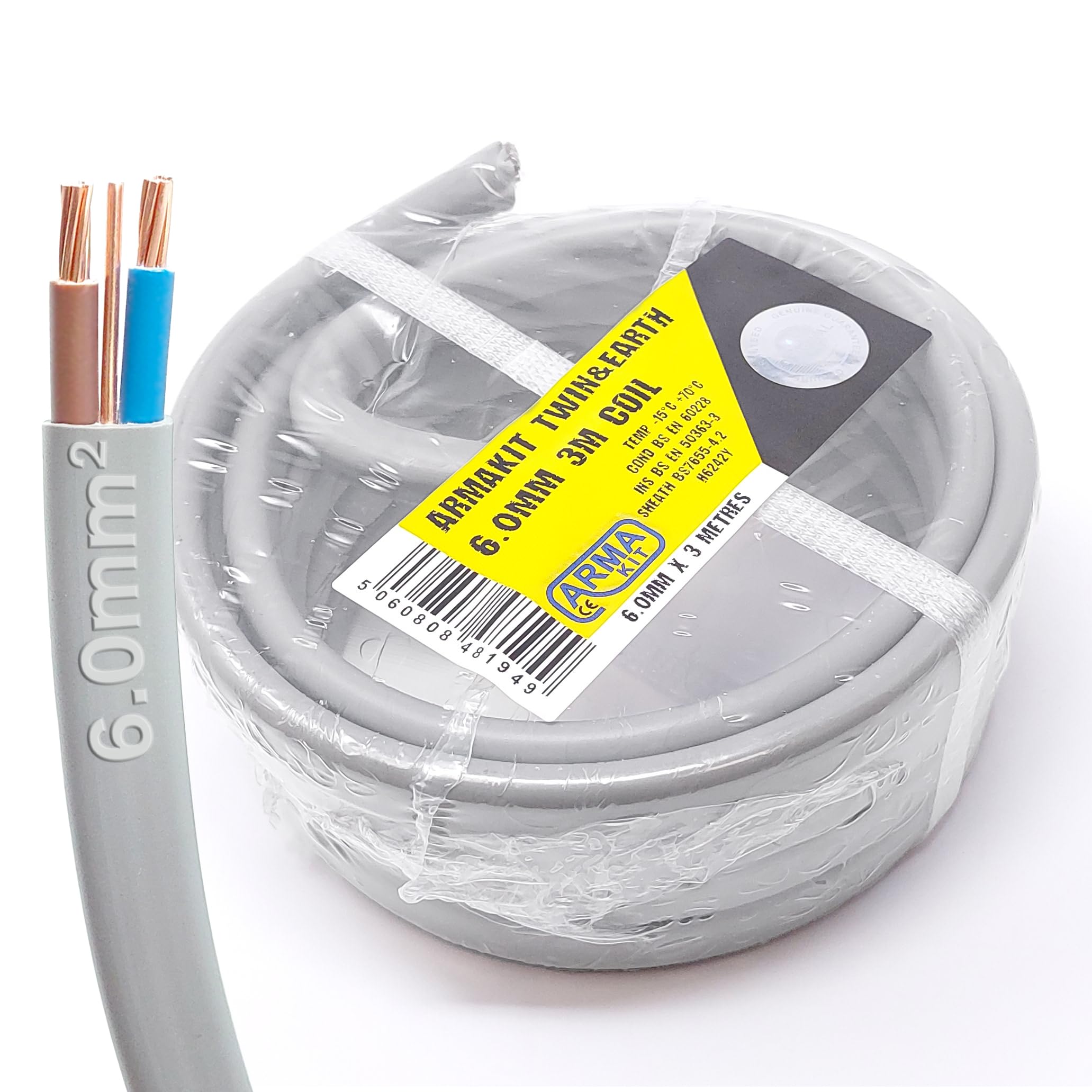 ArmaKit 6.0mm Twin and Earth 3 Metre 6242Y6.0 Grey 240v Mains Cable - 3 Core Electrical Wire for Ring Extension - 6mm Cooker