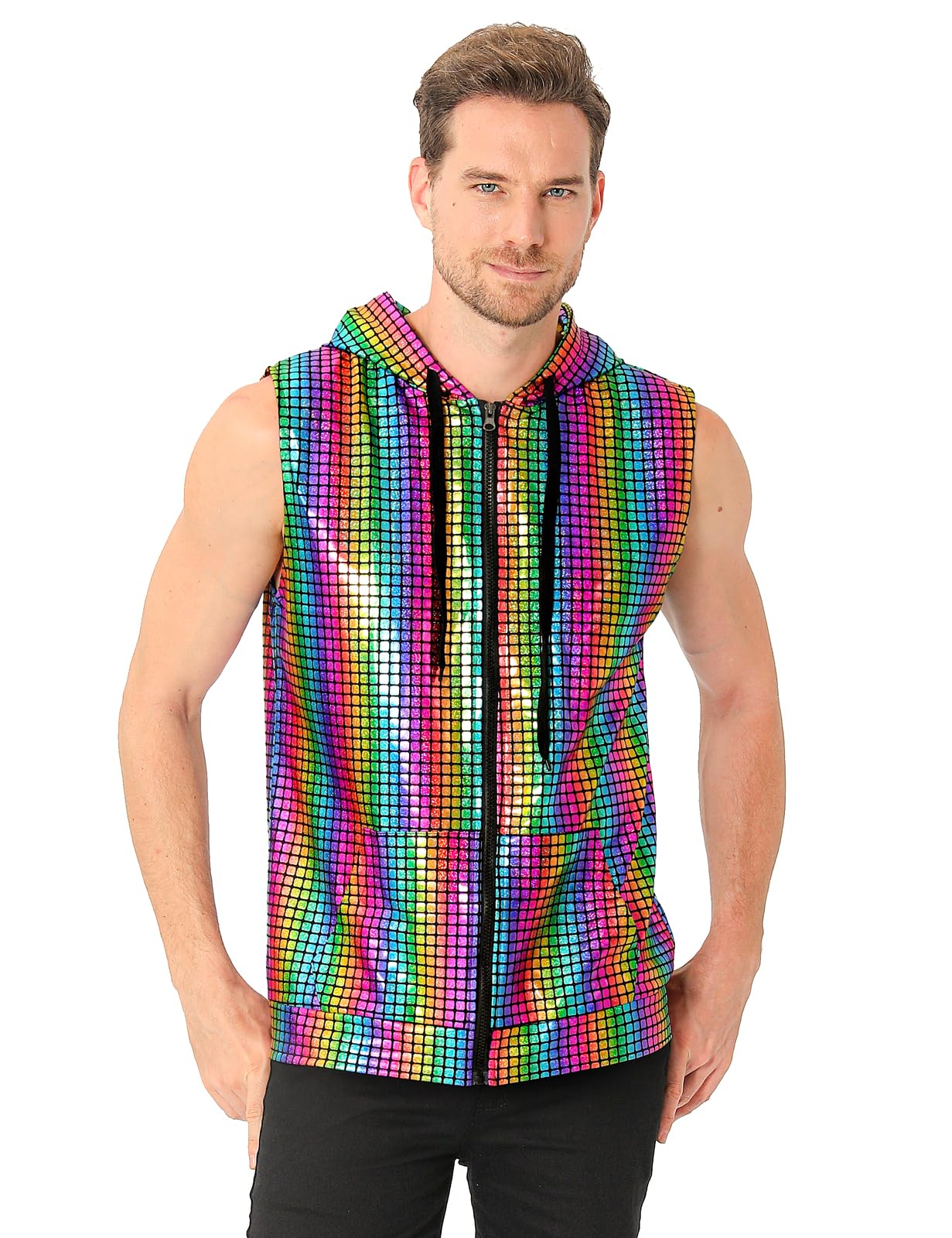 COSAVOROCK Sleeveless Hoodie Zip Up Vest for Men Disco 70s Sequins Metallic Fancy Dress Rainbow Outfit Pride Tshirt, Multicoloured, XL - Image 3