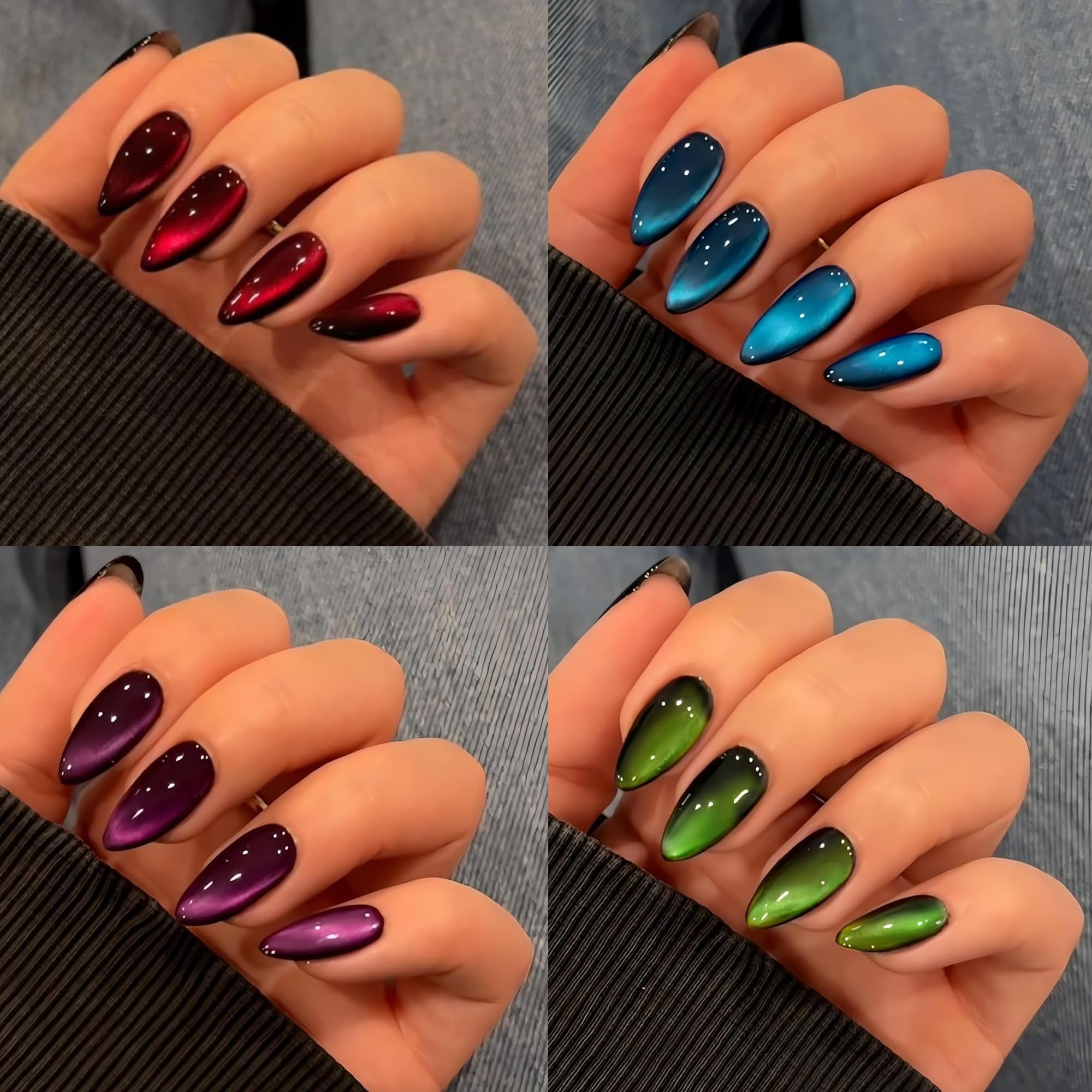View 1 of ***PASTEL*** KQueenest 4 Packs Gel Press On Nails Almond, Cat Eye Press On Nails Medium Stiletto, Dark Fake Nails Press Ons Chrome Black, Glitter Glue on Nails for Women Party Prom, 96 Pcs Gift Kit ***STOCK IMAGE FOR SAMPLE***