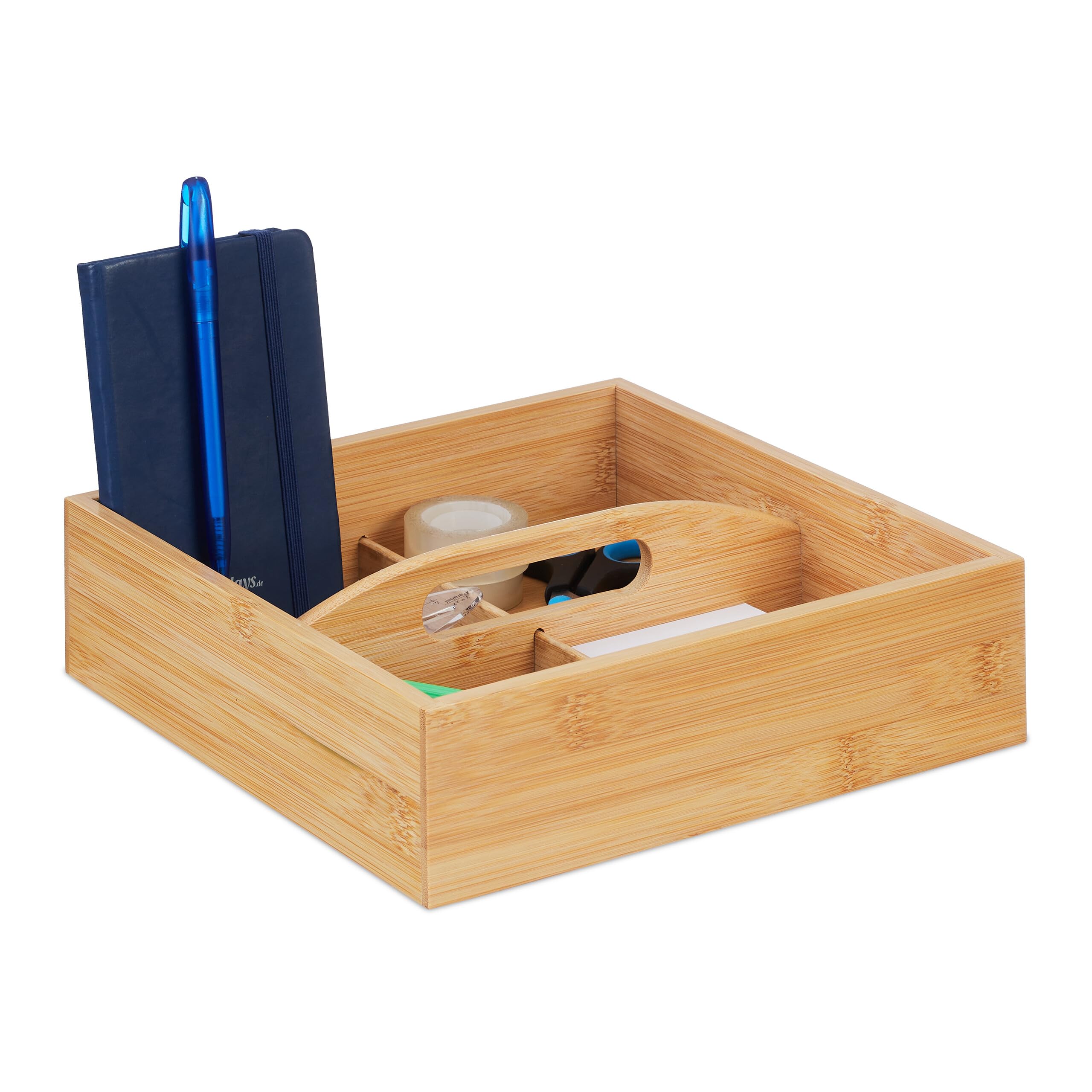 Relaxdays Bamboo Organiser, with Handle, 4 Compartments, HxWxD: 6.5 x 25 x 25 cm, Storage Box Office, Bathroom & Kitchen