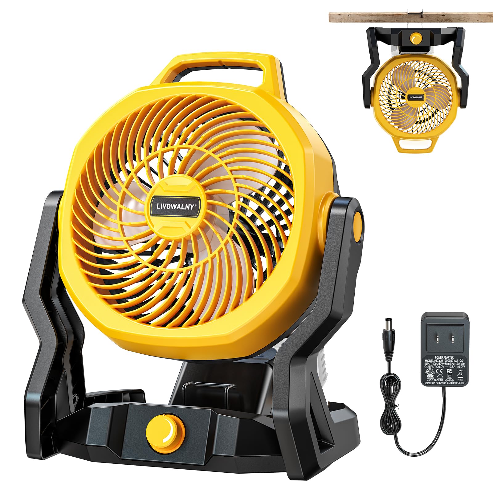 LIVOWALNY Battery Powered Fan Compatible with Dewalt 20V Battery 3500RPM with AC Adapter Portable Floor Fan with Hook Handle Variable Speed for Camping Jobsite Tent Outdoor (Battery Not Included)