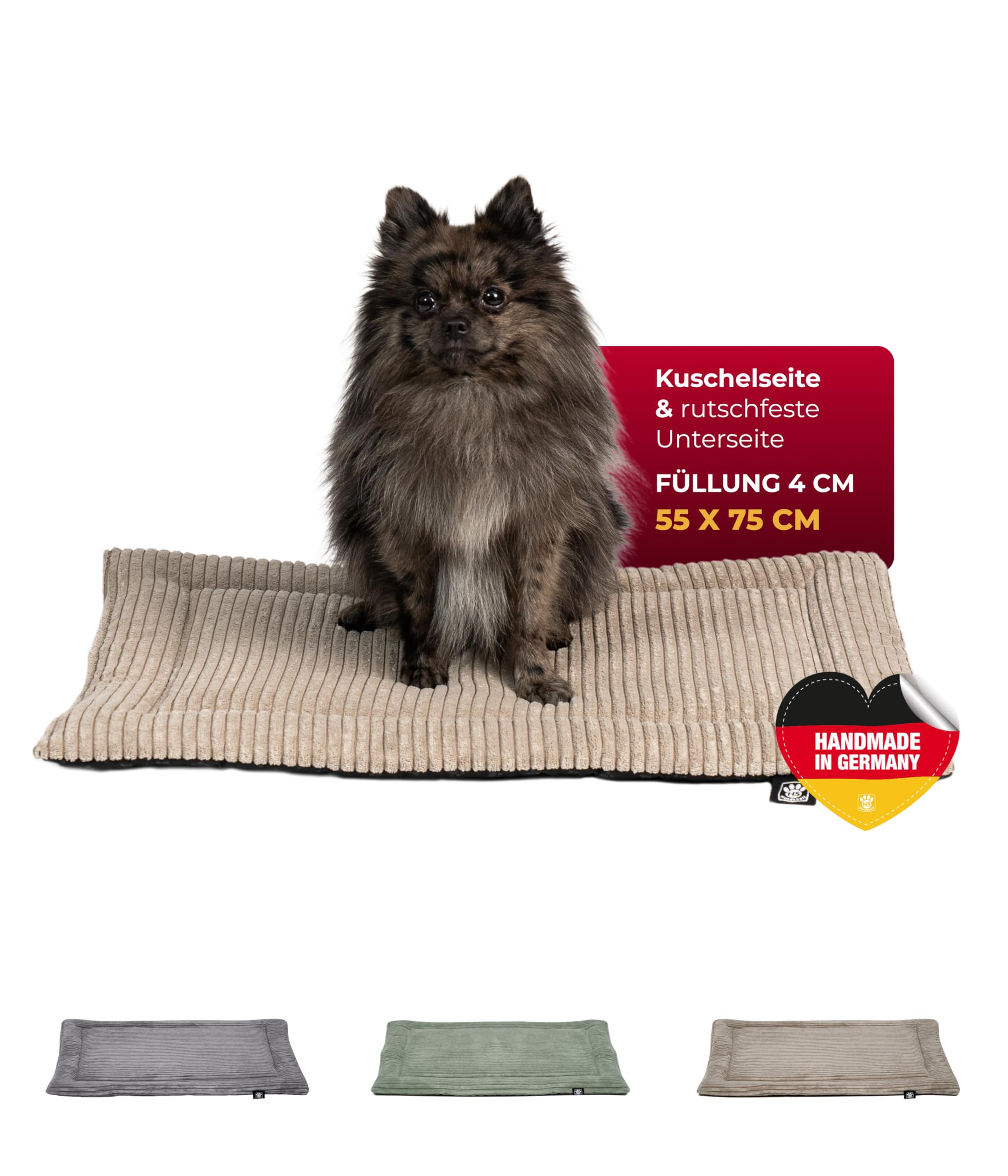 Hundedecke Cord mit Füllung S (55x75 cm) – Anti-Rutsch-Funktion – Kuscheldecke für Hunde – Gemütlicher Ruheplatz - Beige, Made in DE