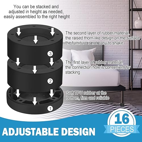 Miniatura 3 de Treela Juego de 16 elevadores de cama para muebles, elevadores de cama ajustables, altura de 0.5 pulgadas, 1 pulgada, 1.4 pulgadas, 2.4 pulgadas o