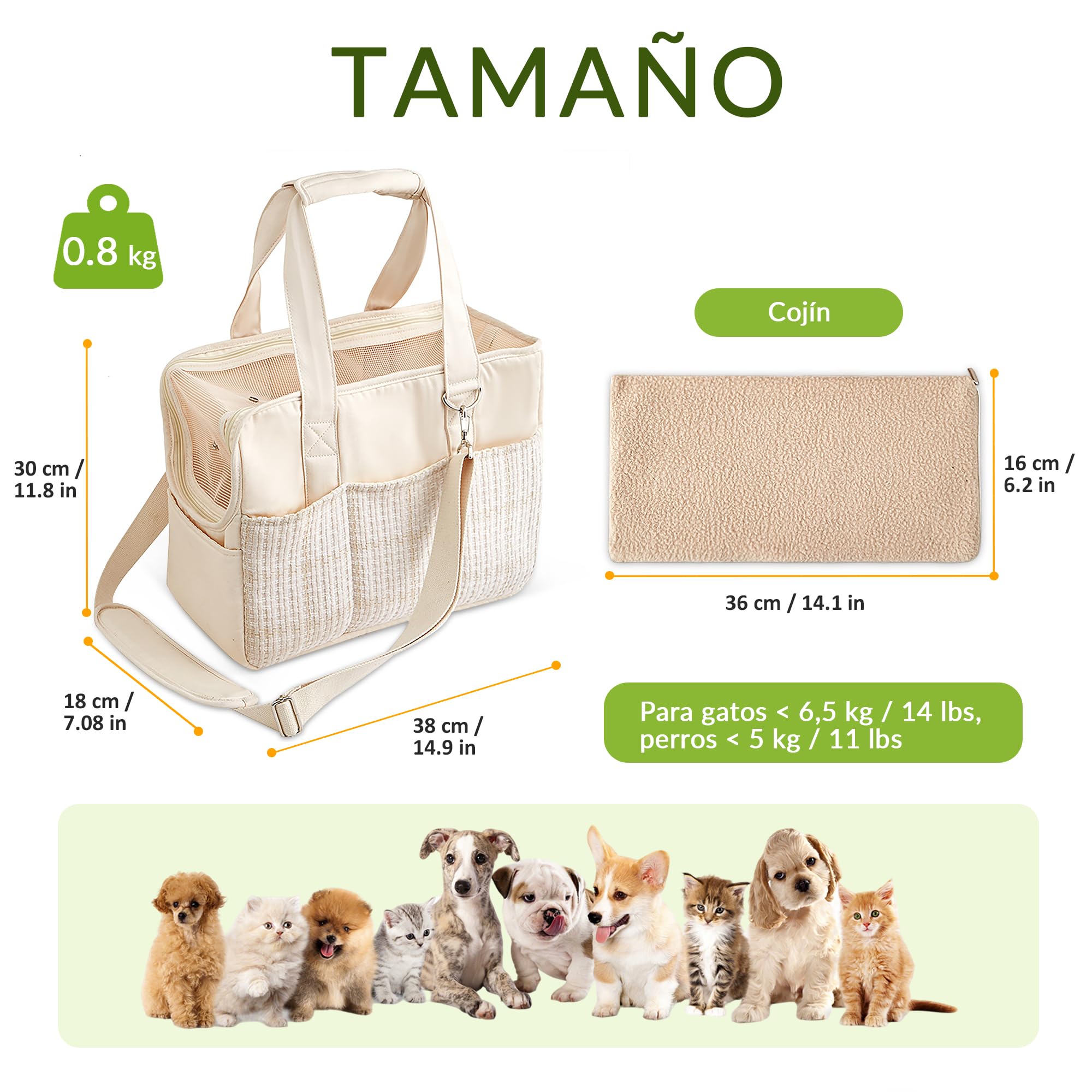 ALLSOPETS Transportín para Perro Pequeño y Gato, Bolso para Mascotas Plegable con Bolsillos, Correa de Seguridad y Cojín Extraíble, Ideal para Viajar Camping Paseo (Beige Elegante)