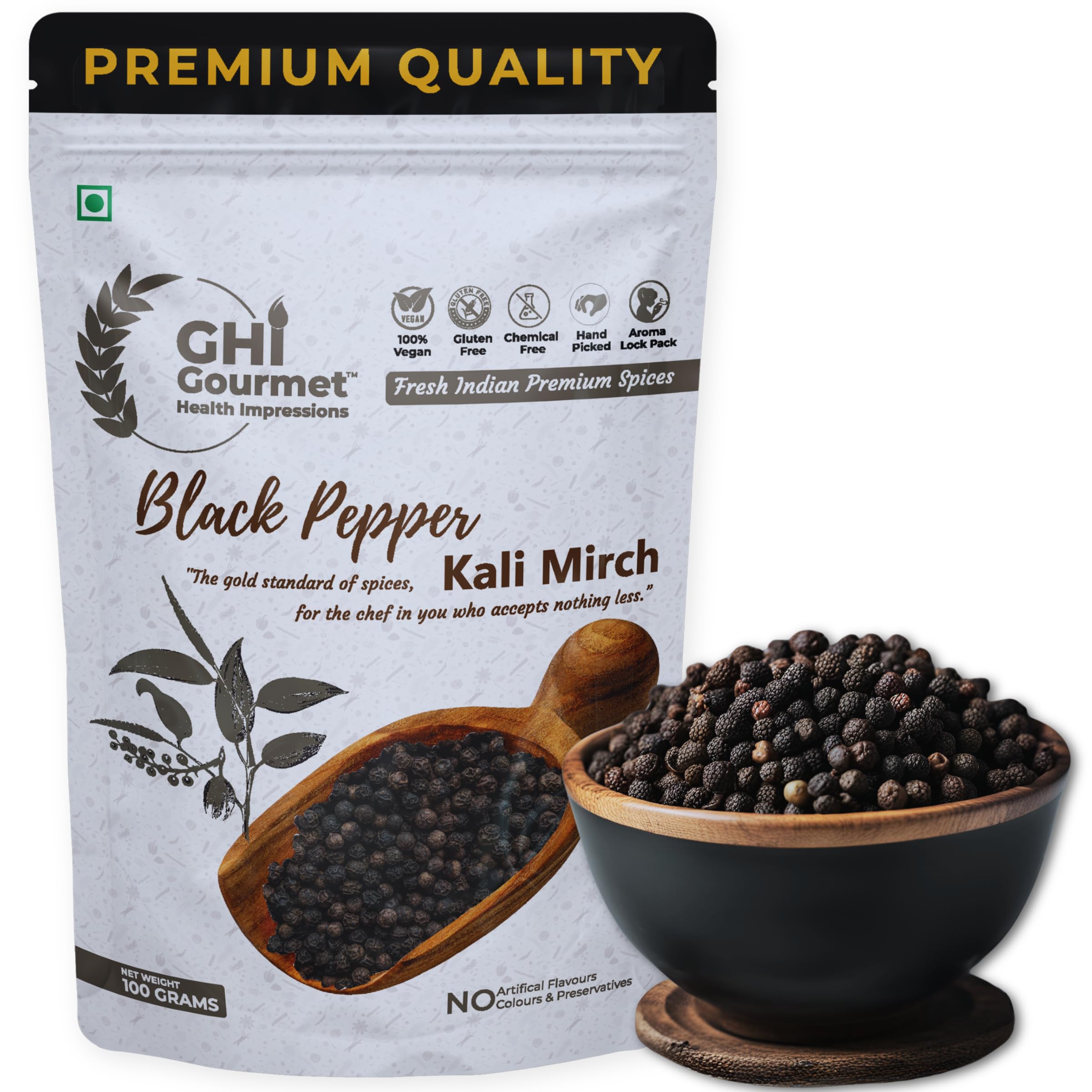 GOURMET HEALTH IMPRESSIONS Superior Grade Wayanad Region Tellycherry Bold Whole Black Pepper (Kali Mirch) 100g - Aromatic, Freshly Packed, Non-GMO |100% Machine Sortex - 600 GL | GHI Foods (B09KZZYZDH) Amazon Price History, Amazon Price Tracker