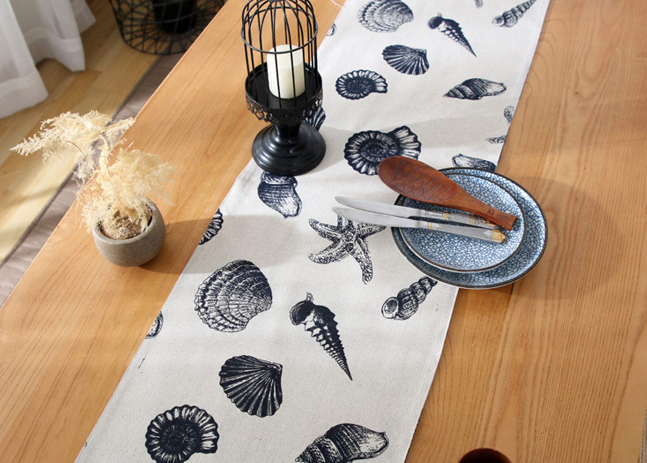 Tischwäsche Landhaus, Tischläufer Deko Grau Muschel Seestern Tischläufer Cotton 33x240CM
