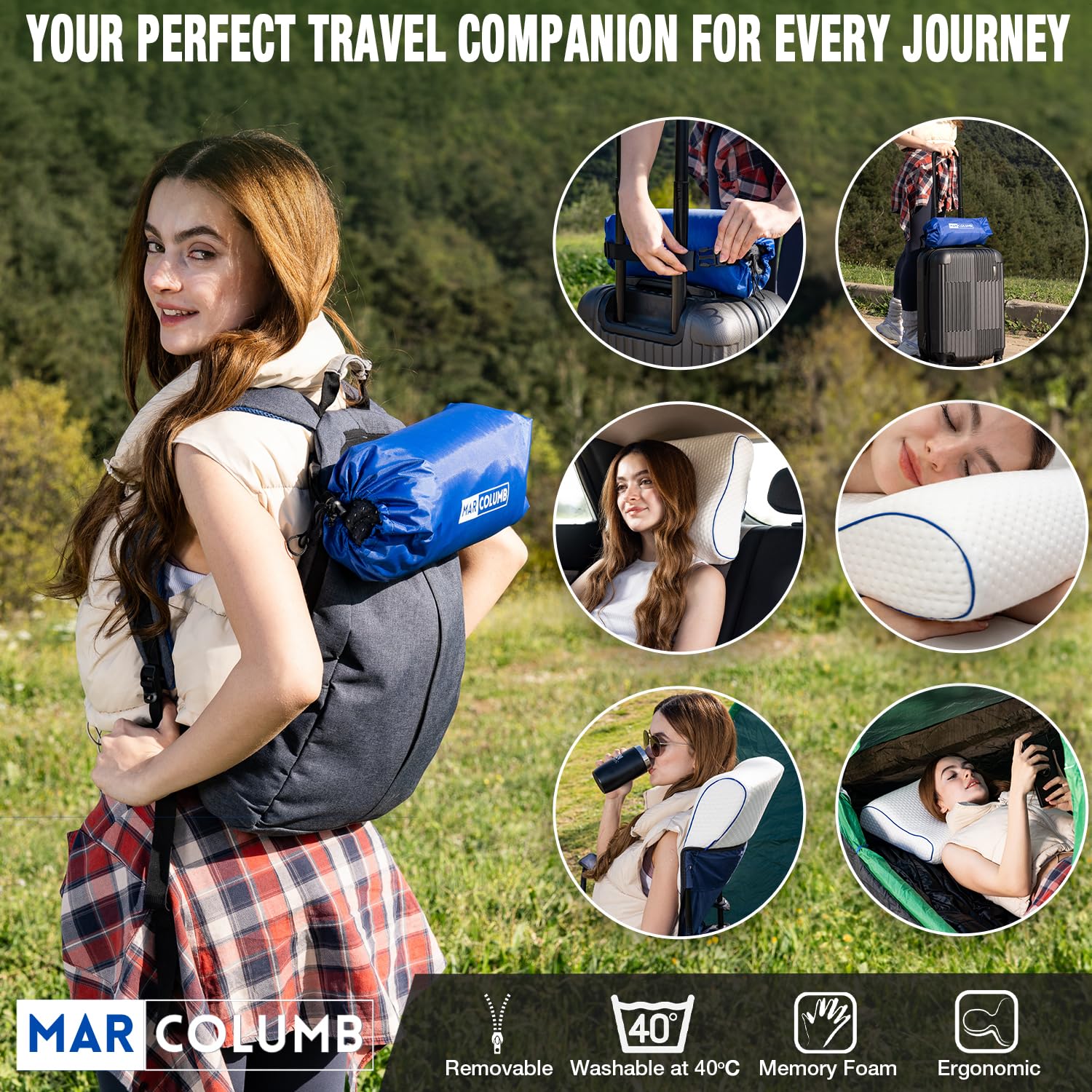 Cómoda almohada de espuma viscoelástica para viajes y camping, bolsa portátil fácil de llevar, funda de almohada reguladora de temperatura, perfecta para viajar (contorno blanco)
