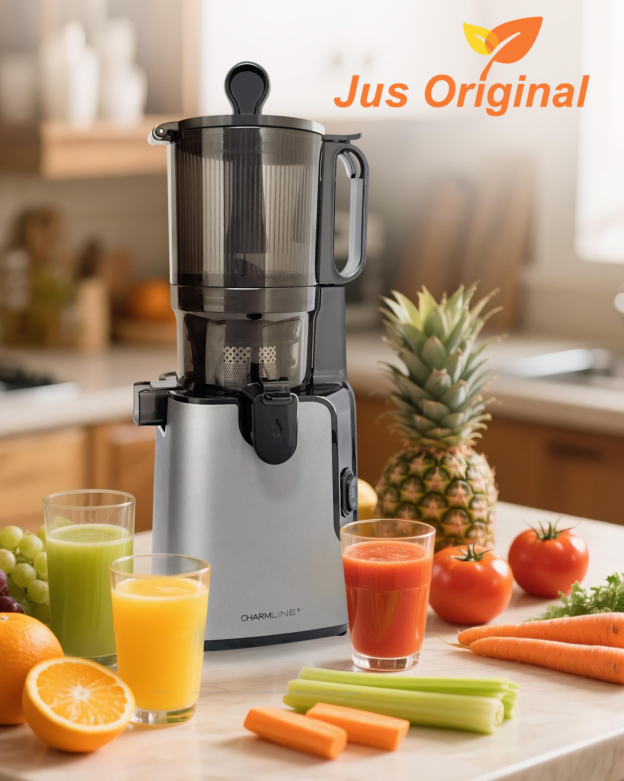 Charmline Extracteur de Jus de Fruits et Légumes avec Goulotte d'Alimentation de 130mm, Facile à nettoyer, Grande capacité de 1,8 L