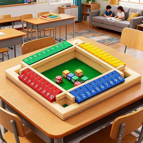 Miniatura 7 de Juego de mesa Shut The Box, juego de mesa de dados de madera con tapa de cuatro lados, juegos de dados de madera mejorados para 2 a 4 jugadores,