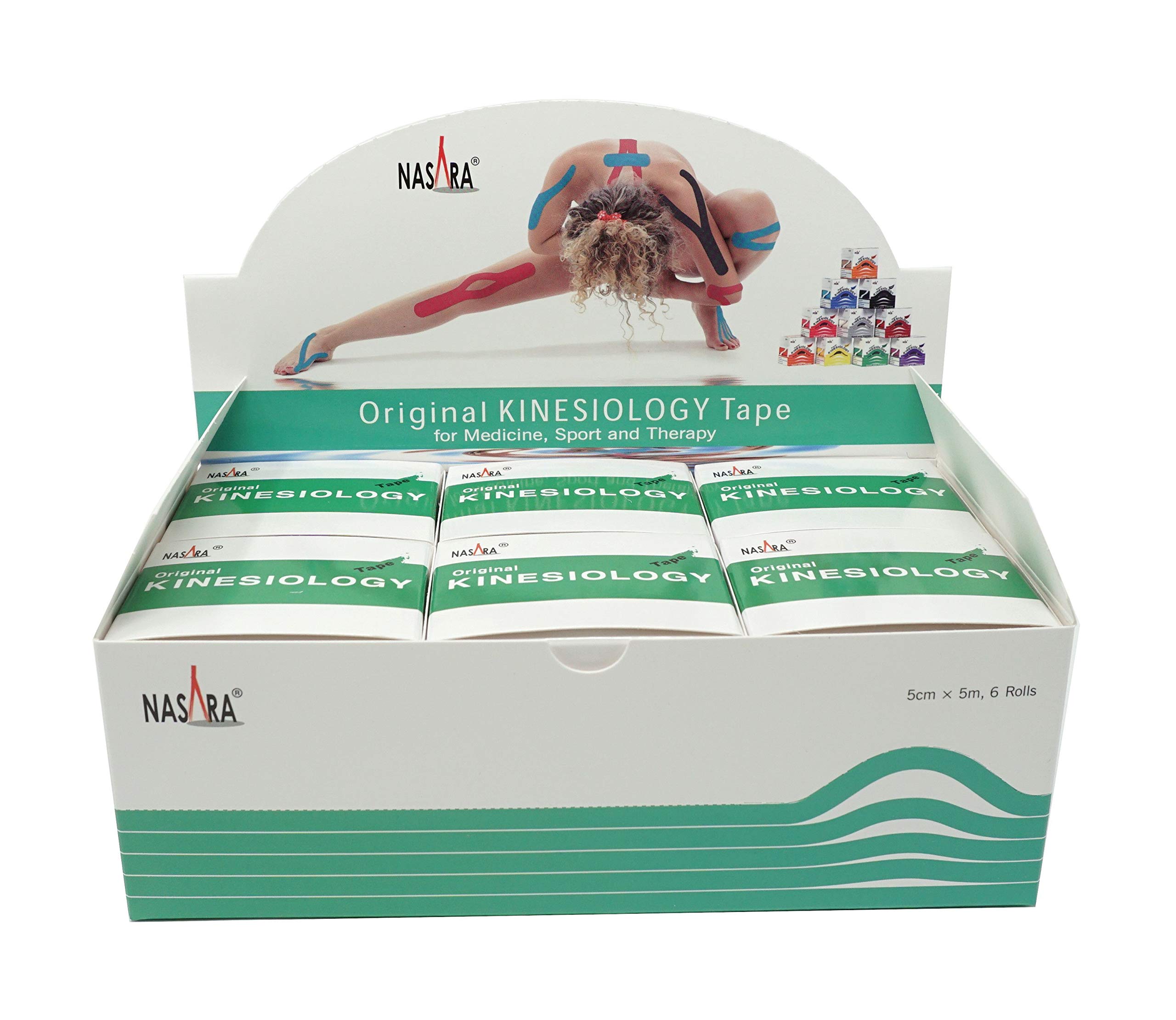 ATC Handels GmbH Nasara - Cinta de kinesiología (5 m x 5 cm, 6 unidades, incluye instrucciones con técnicas de pegado, resistente al agua y transpirable), color verde
