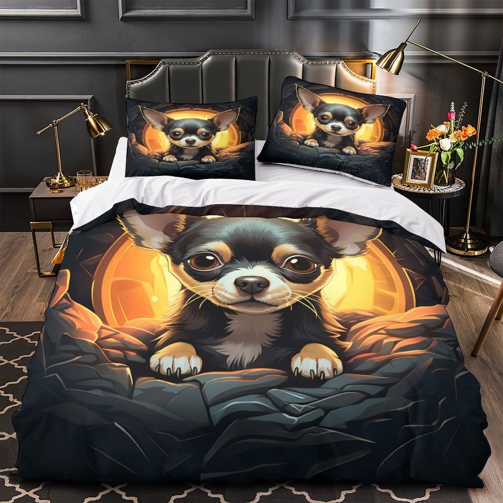 Housse de couette Chihuahua 200x200cm en microfibre douce avec motif 3D nature hiver