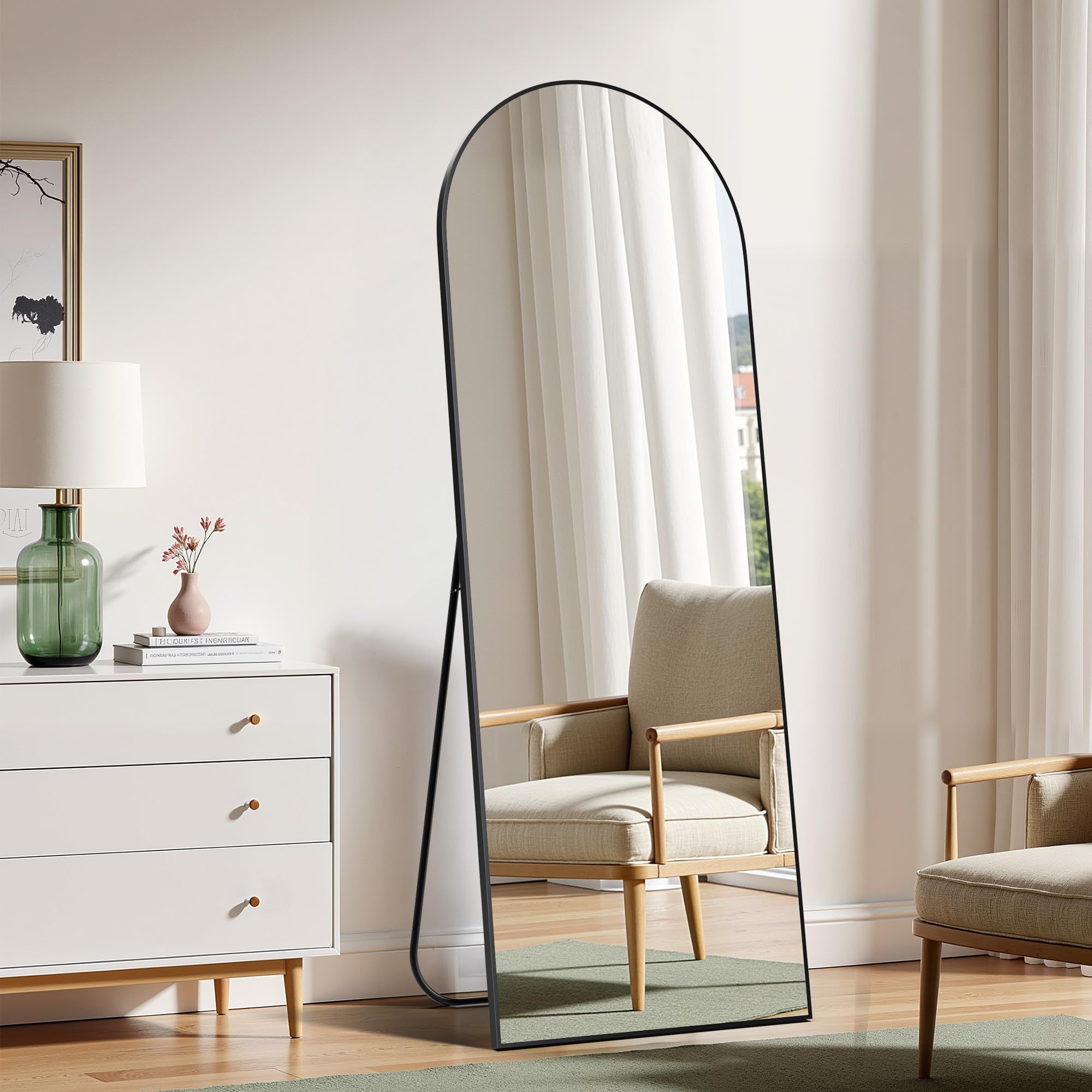 Simple Deluxe Arched Wall Mirror Full Length, 59"x16" Floor Mirror with Stand, Full Length Body Floor, Wall Mounted Mirror for Bedroom, Black