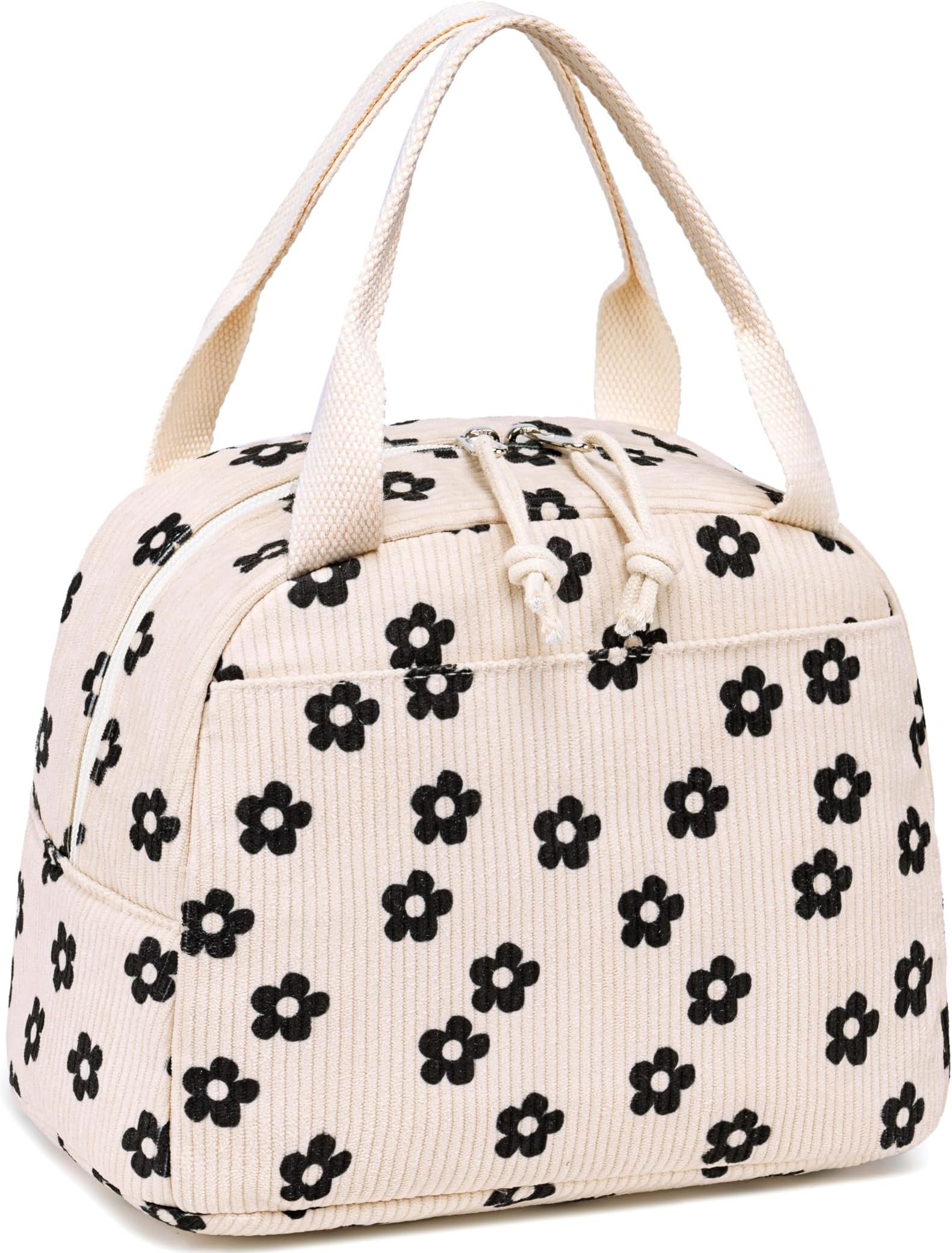 LEDAOU Lunch Box for Women Insulated Lunch Bag Corduroy Lunch Tote Bags Leakproof Cooler Lunch Case for Travel Work Picnic (Black Floral)
