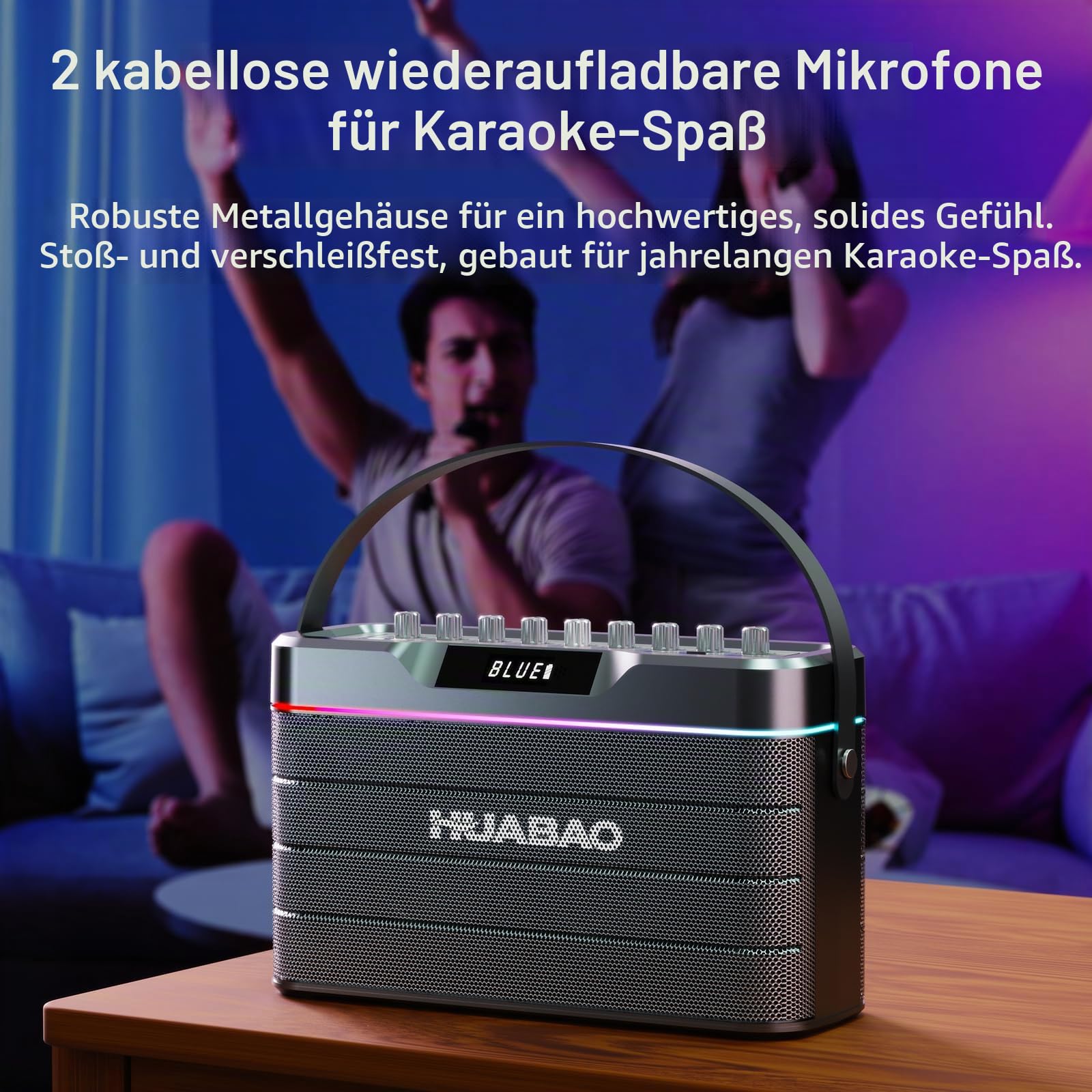 Karaoke-Maschine - 100W Bluetooth-Lautsprecher mit Super Bass, 2 drahtlose Mikrofone, tragbares PA-System mit LED-Leuchten, TWS-Paarung, Bass/Höhen/Echo-Einstellung, professioneller Lautsprecher