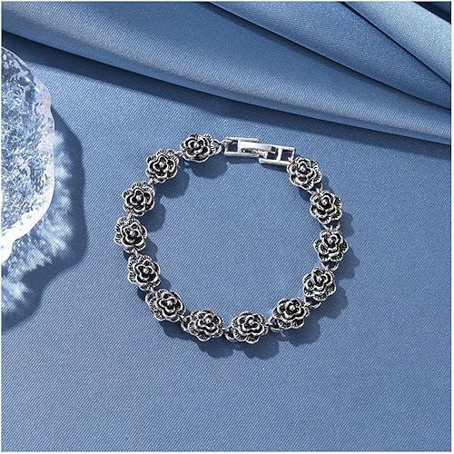 Miniatura 4 de Pulsera de flores de plata vintage para mujer, pulsera de flores de rosa, pulsera gótica de rosas para mujer